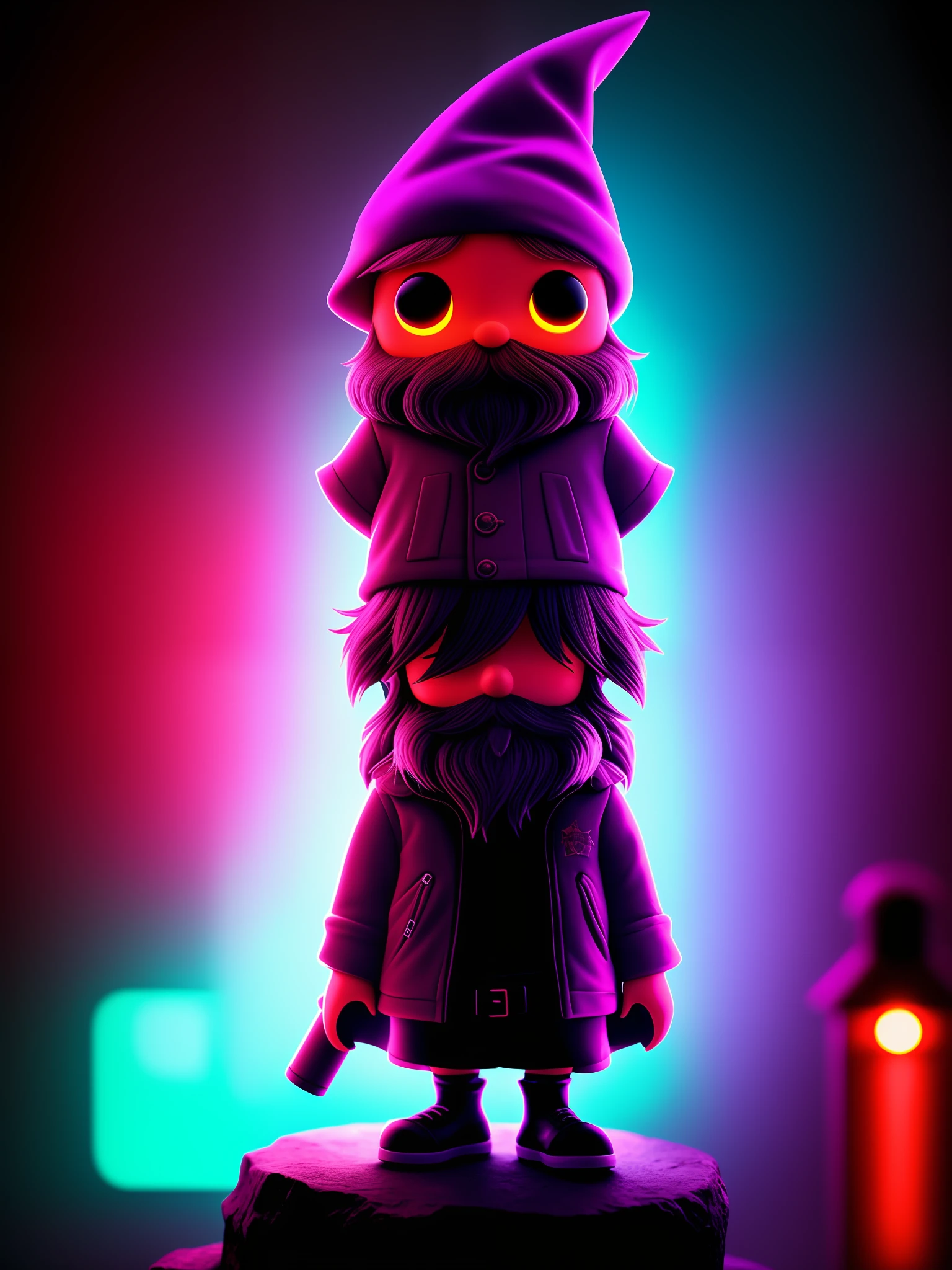 Purple gnome and see with red background lights, cyberpunk, cinematic.