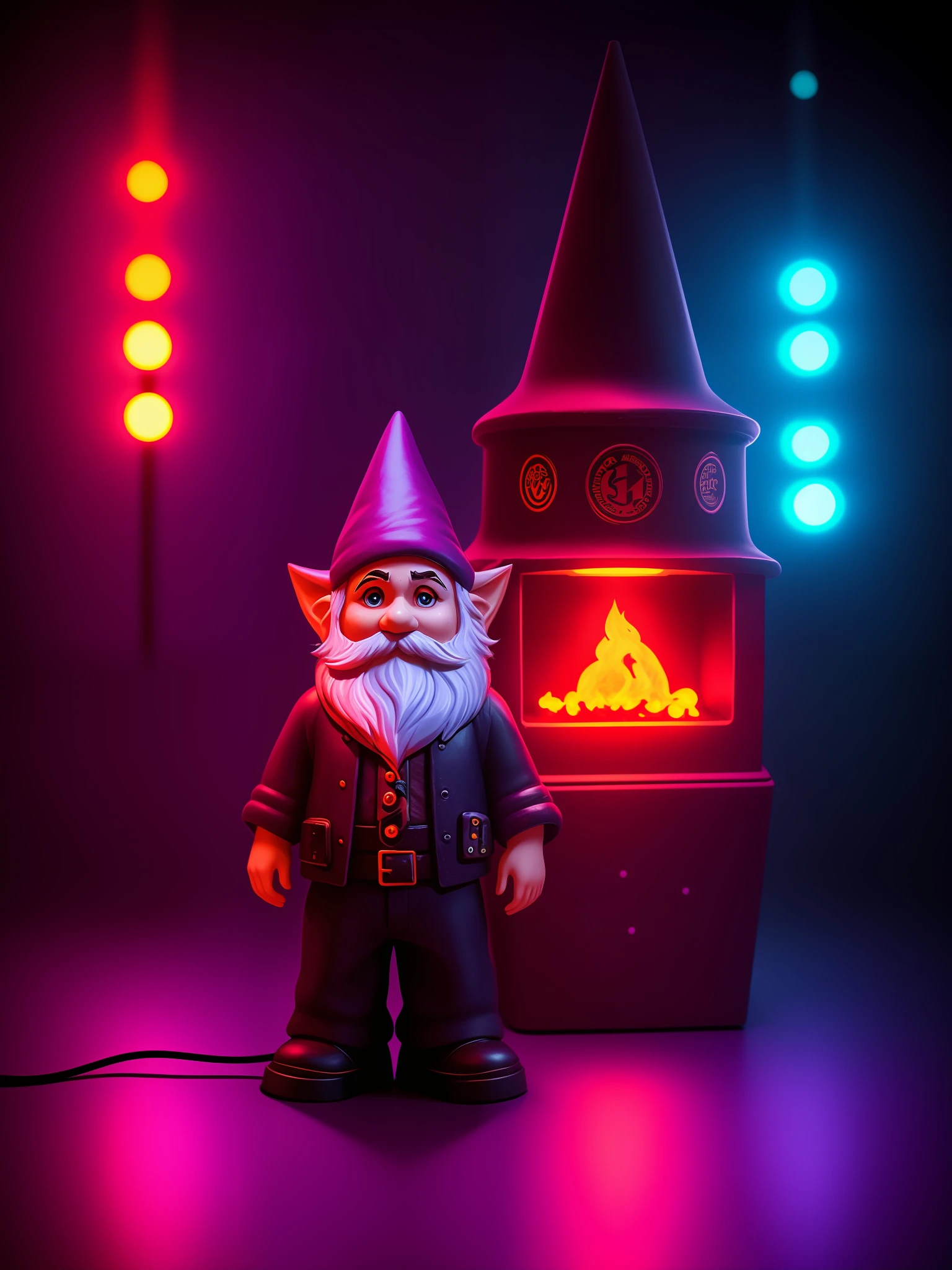 Purple gnome and see with red background lights, cyberpunk, cinematic.
