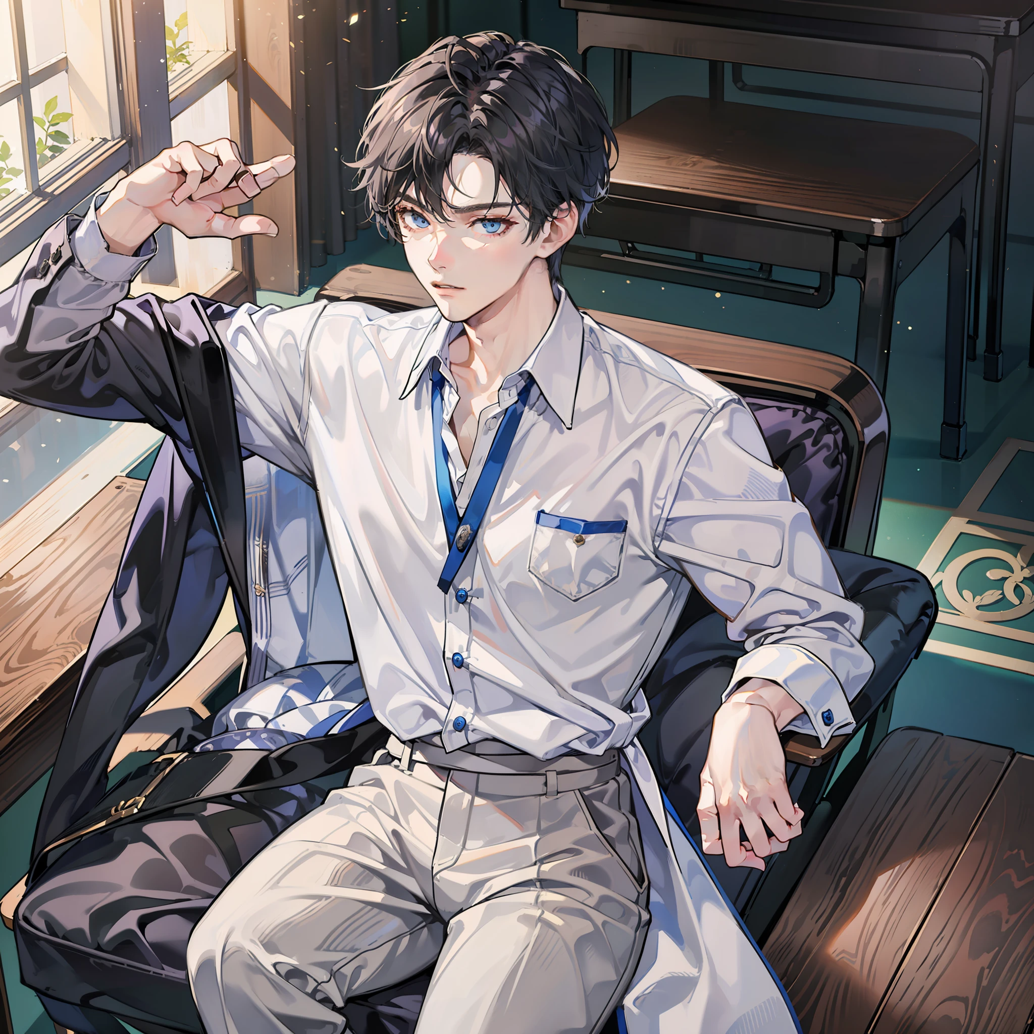 1boy, man sitting alone, solo, [detailed background (classroom, school, korean school, Seoul], dark gray hair, lean and muscular male, alpha male, masculine male, tall male, teenager ((man wears a white korean school uniform, gray trousers)), correct limbs, correct anatomy, handsome, Eye details, beautiful eyes, delicate eyes, blue eyes, avoid different eyes, broad shoulders, tiny waist, long legs, serious face, CG 8k