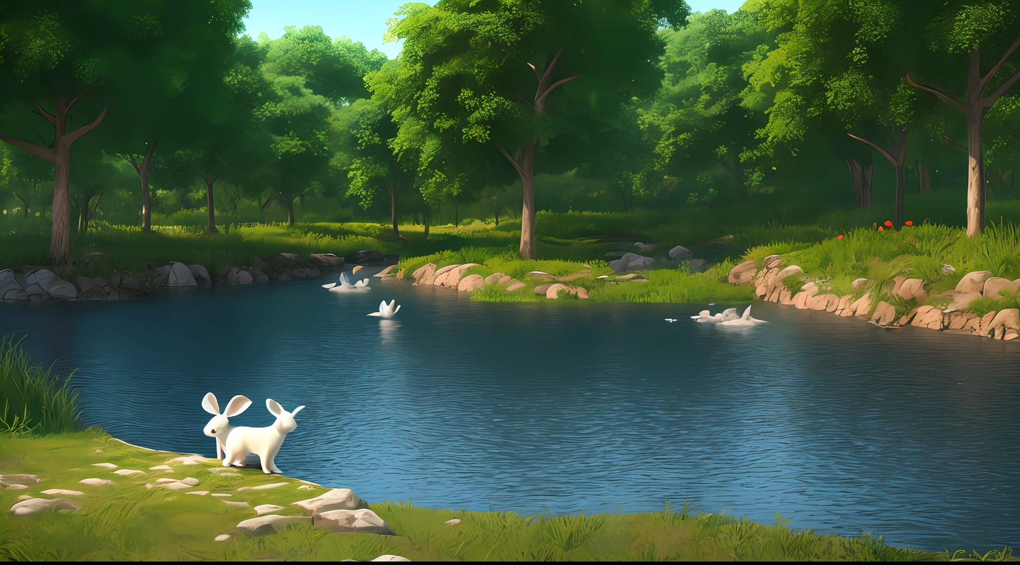 A serene place, very pleasant, beautiful, sunny day, heat, summer, calm and with beautiful landscaping. Two white bunnies, light and delicate down, small, delicate identical, cute, puppies, near the river, photorealistic, 8k uhd, studio quality, ultra realistic, maximum detail, large scale, post-processing ultra detailed drawing, photography, detailed, cinematic lighting, landscape, panorama, scenery, ray tracing, cinema4d