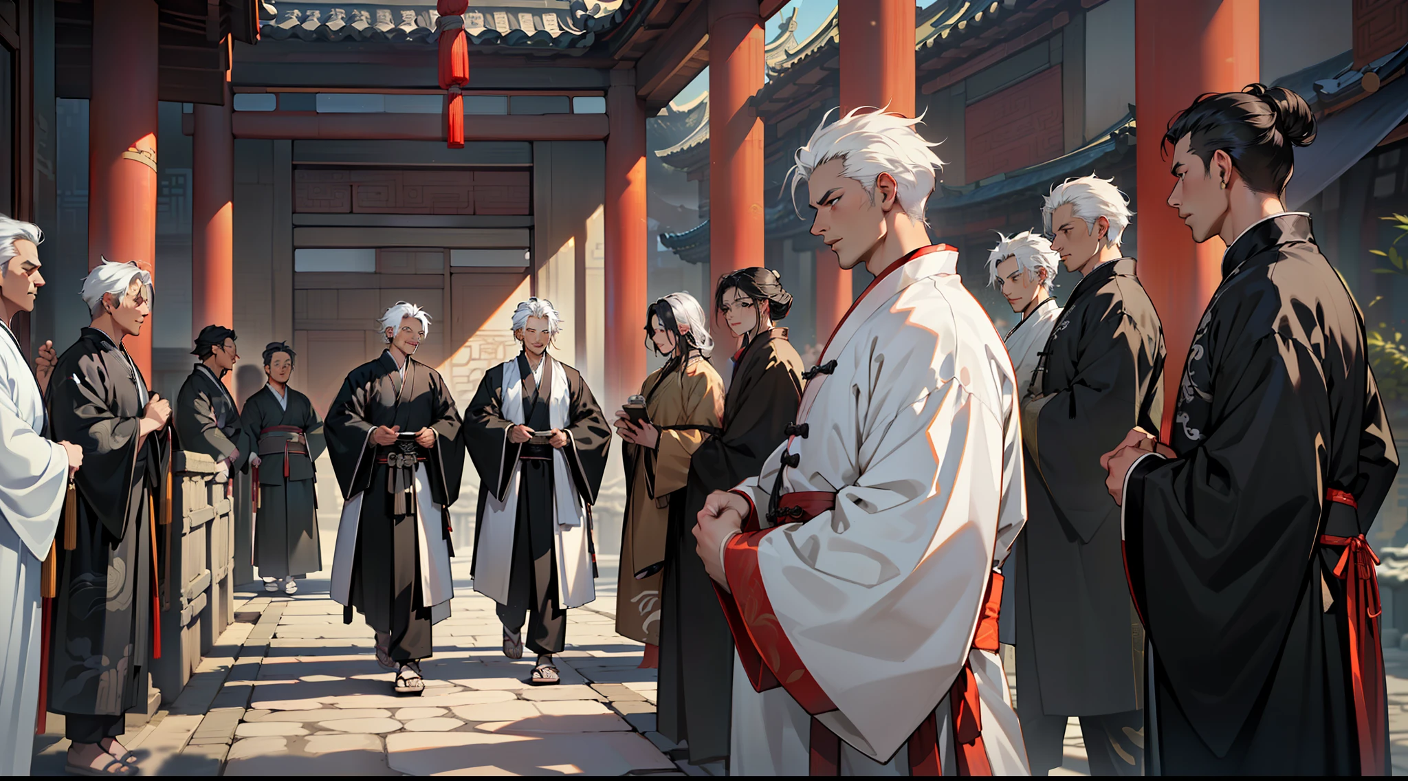 21, (many people) (many mi(((Black Hanfu))),((((white hair))),(((Middle age))),(((Middle age))).(((Black coat))),((Black Hanfu youth)),((Blackn clothes)) , (((white hair))),handsomele-aged eyes in green clothes are happy, (((Black Hanfu))),((((white hair))),(((Middle age))),(((Middle age))).(((Black coat))),((Black Hanfu youth)),((Blackn clothes)) , (((white hair))),handsome enters the hall nervously) (background: sacred, resplendent palace hall in ancient China).