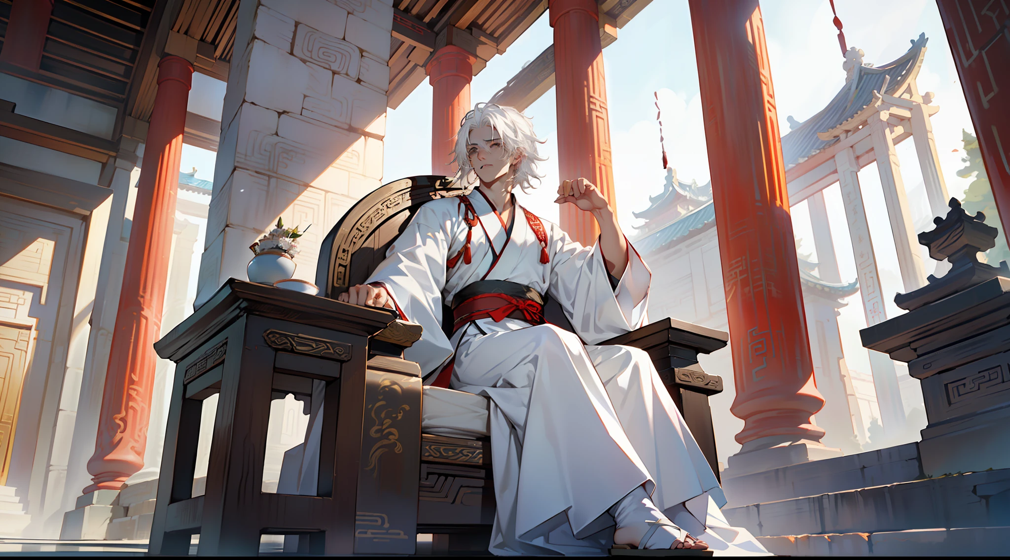 25, (1 person) ((((white hair))),(((aboy))).((white Hanfu youth)), (((white hair)))(((white clothes))), (((Long white hair))), kingly air, gorgeous, handsome, outstanding temperamen, sits on the sacred throne, sneering) (background: the sacred, resplendent palace hall of ancient China).