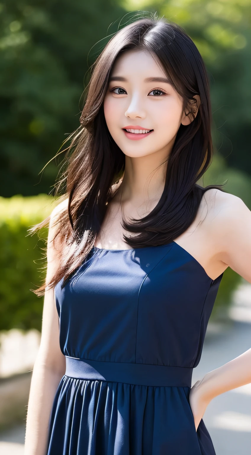 ((Best Quality, 8K, Masterpiece: 1.3)), 1 girl, smile, full body, slim face, pretty woman, (black hair), full length blue dress :1.3, super detailed face, detailed eyes, double eyelids, blurred background, slim face, city, outside, woods,