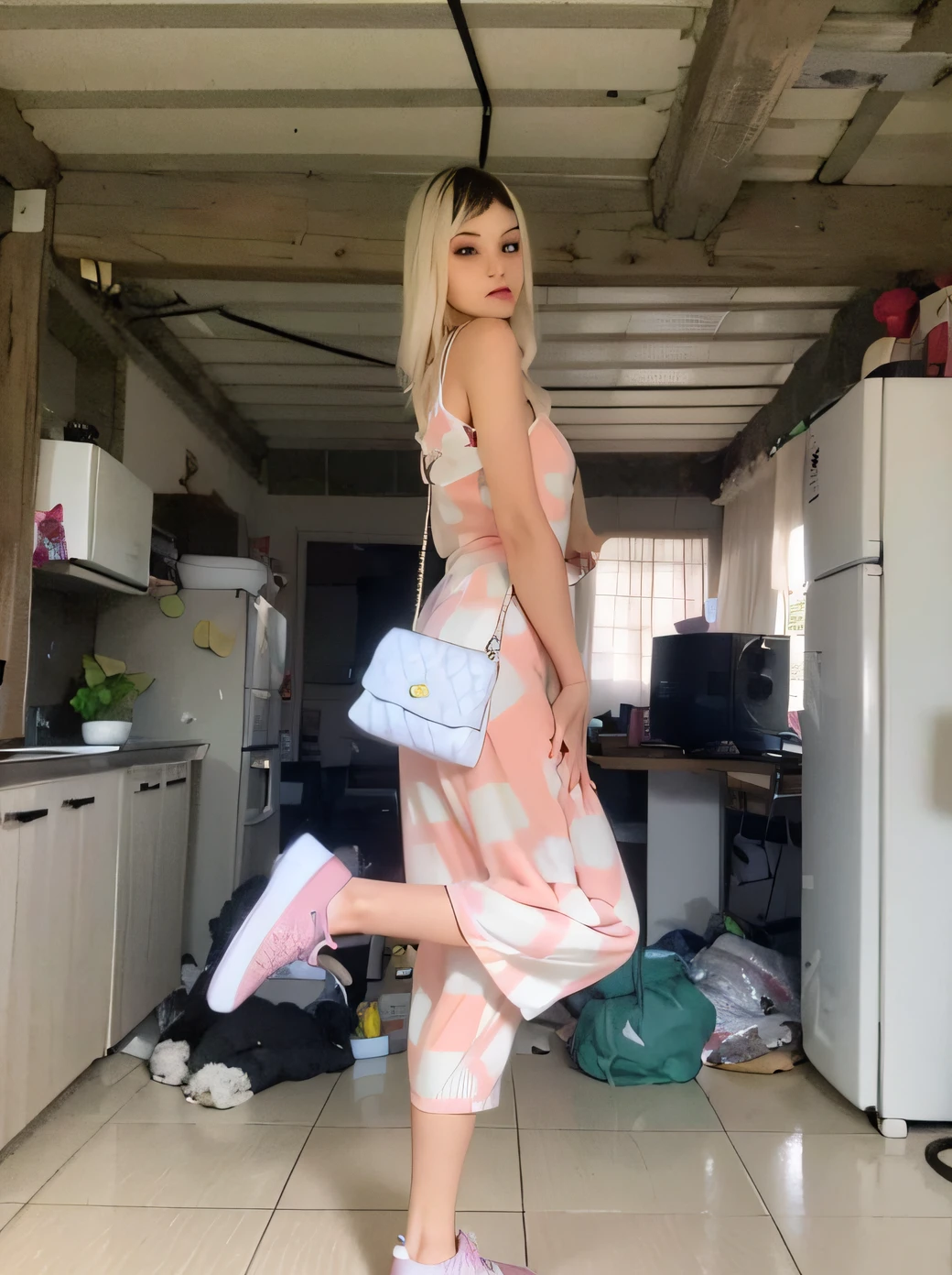 araffe woman in a pink dress and white sneakers standing in a kitchen, belle delphine, full body picture, full body cute young lady, taken in 2022, full body! pretty face, pastel', 2 4 year old female model, by Louisa Puller, y 2 k style, y2k style