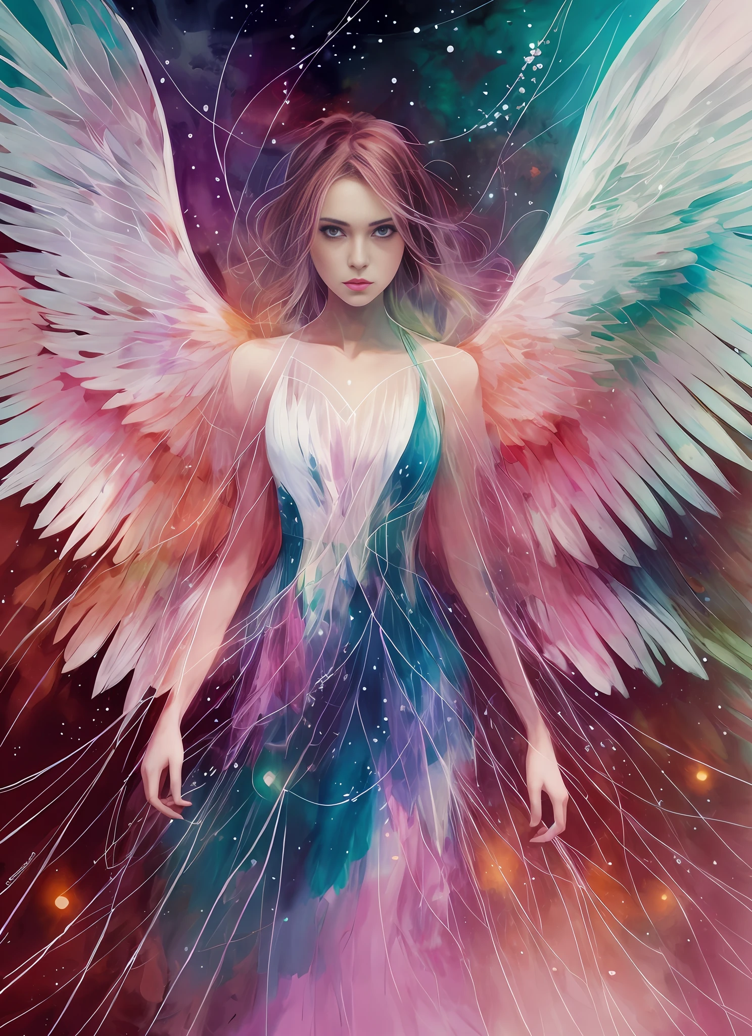 Agnes Cecile's woman, luminous design, pastel colors, ink drops, autumn lights, white wings, dark armor, dark shoulder armor