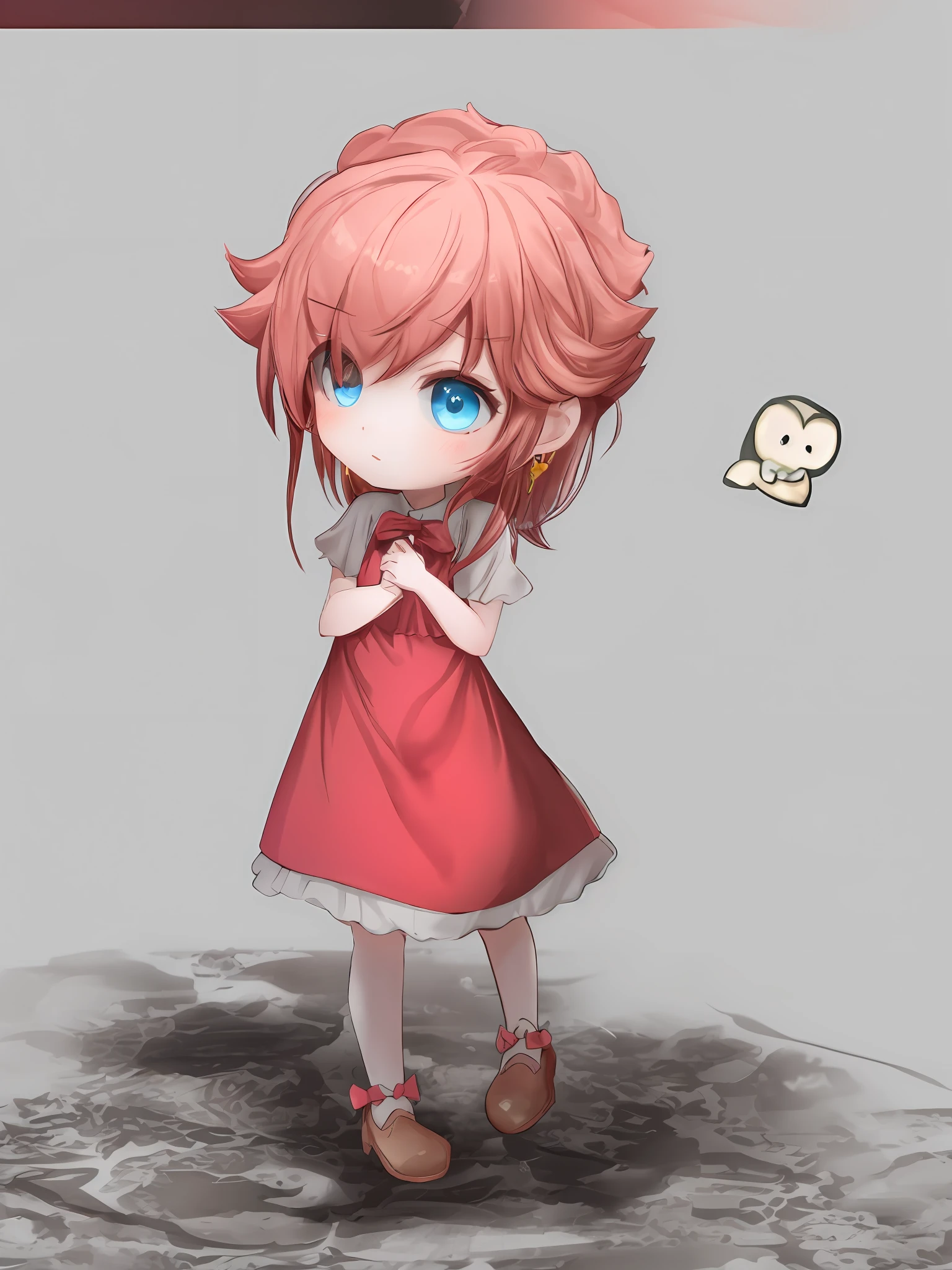 Draw a little princess with pink hair and a dress bow, inspired by Disney Princess Elsa look, pink girl, loli in dress, Disney princess Aisha, absurd in dress swinging spots, lots of colors, chibi girl, she has red hair,!! Full body portrait!, wearing a pink dress, red-haired girl