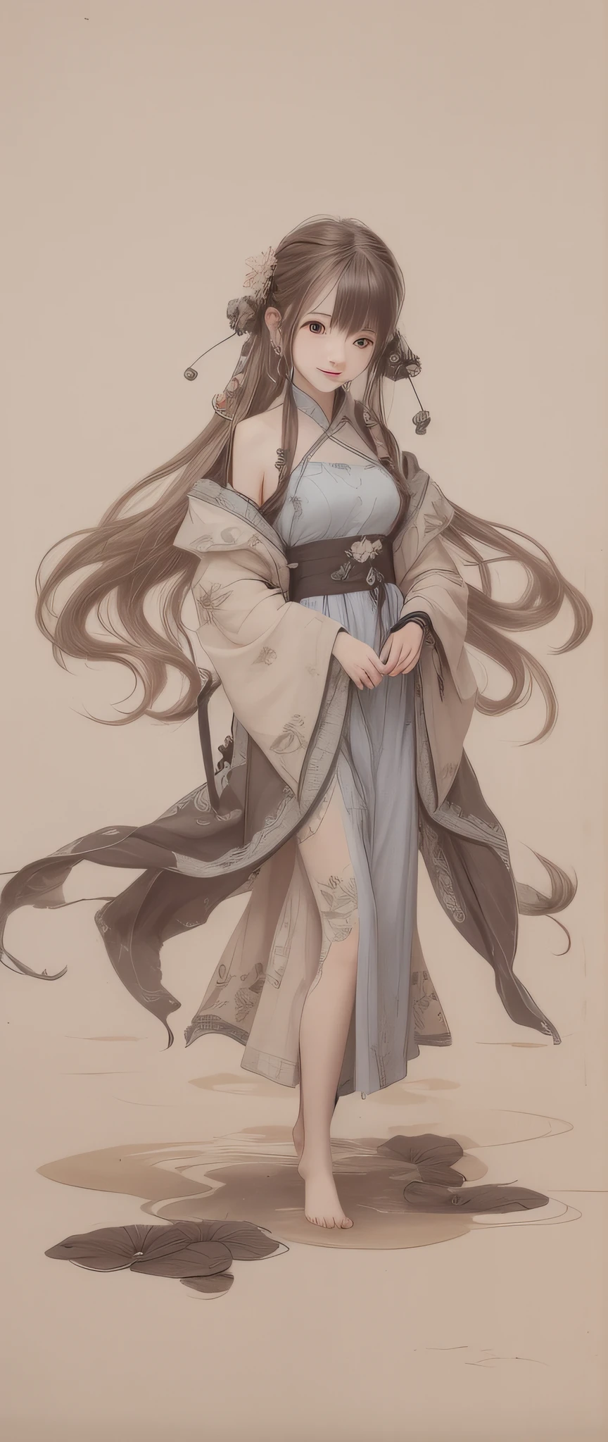 ((4k,masterpiece,best quality)), shuimobysim, traditional chinese ink painting, lotus, hanfu, maxiskit, dress conservatively 1girl, solo, long blue hair, smile, standing, feet in the water, barefoot,