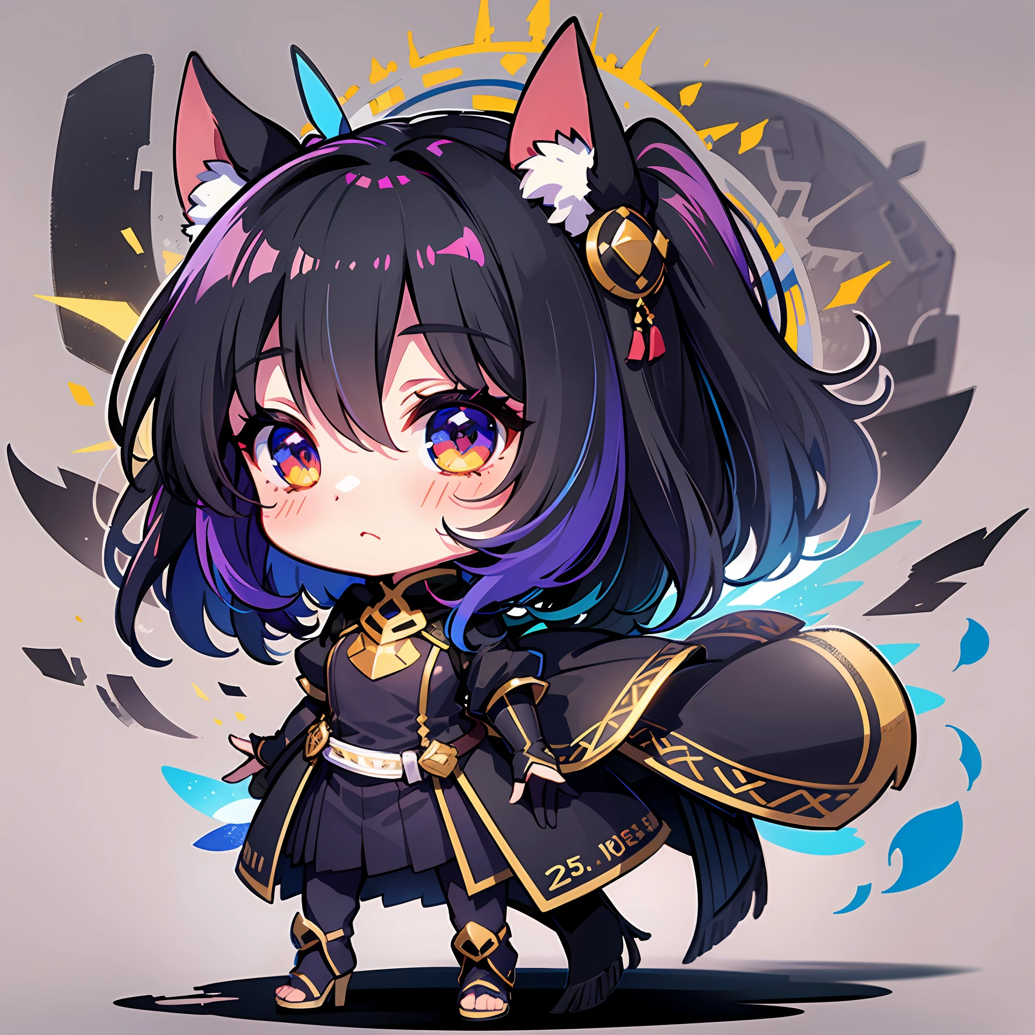((Sticker: 1.5))), ((Chibi Chara)), (White Background), Fluffy, Girl, Black Knight, Black Knight Costume, With Saber, Black Knight Pose, Chibi Chara, Full Body, Pastel Hair, Fairy Tale, Fantastic, Rainbow, T-shirt Design, Masterpiece, Best Quality, 16k, Riding a Horse
