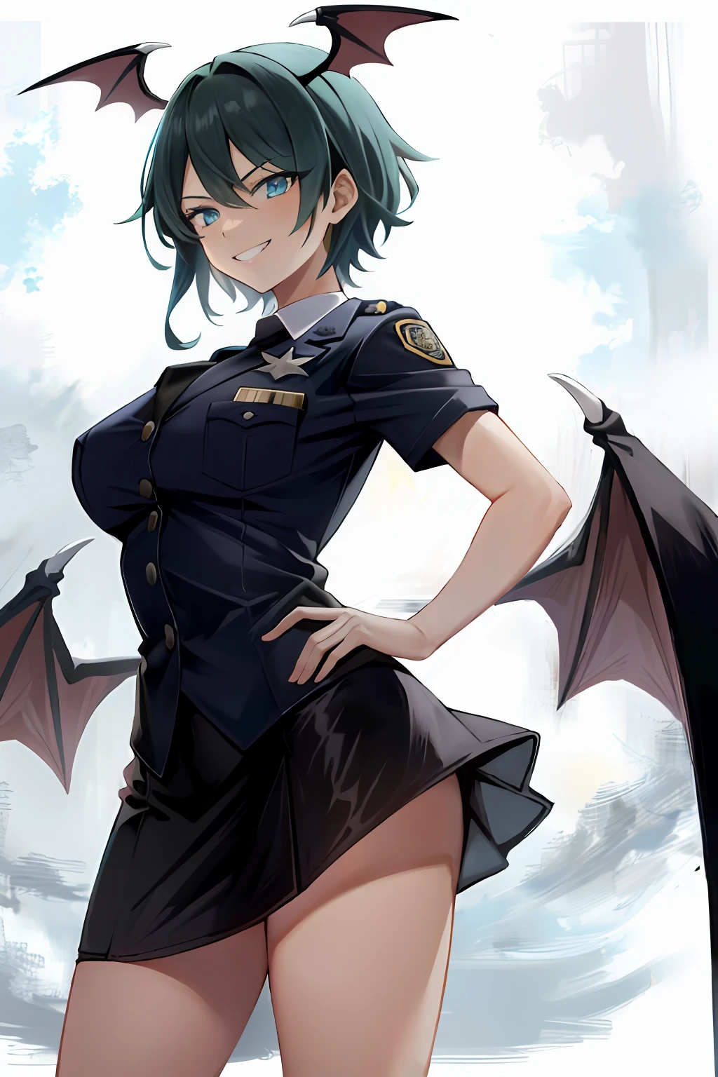 By Best Quality, Hi-Res Solo, Standing, Adult Woman,,Police Uniform,Black Hair, Bat Wings,Short Hair,Blue Eyes,Evil Smile,Evil Smile,Miniskirt,Police Uniform