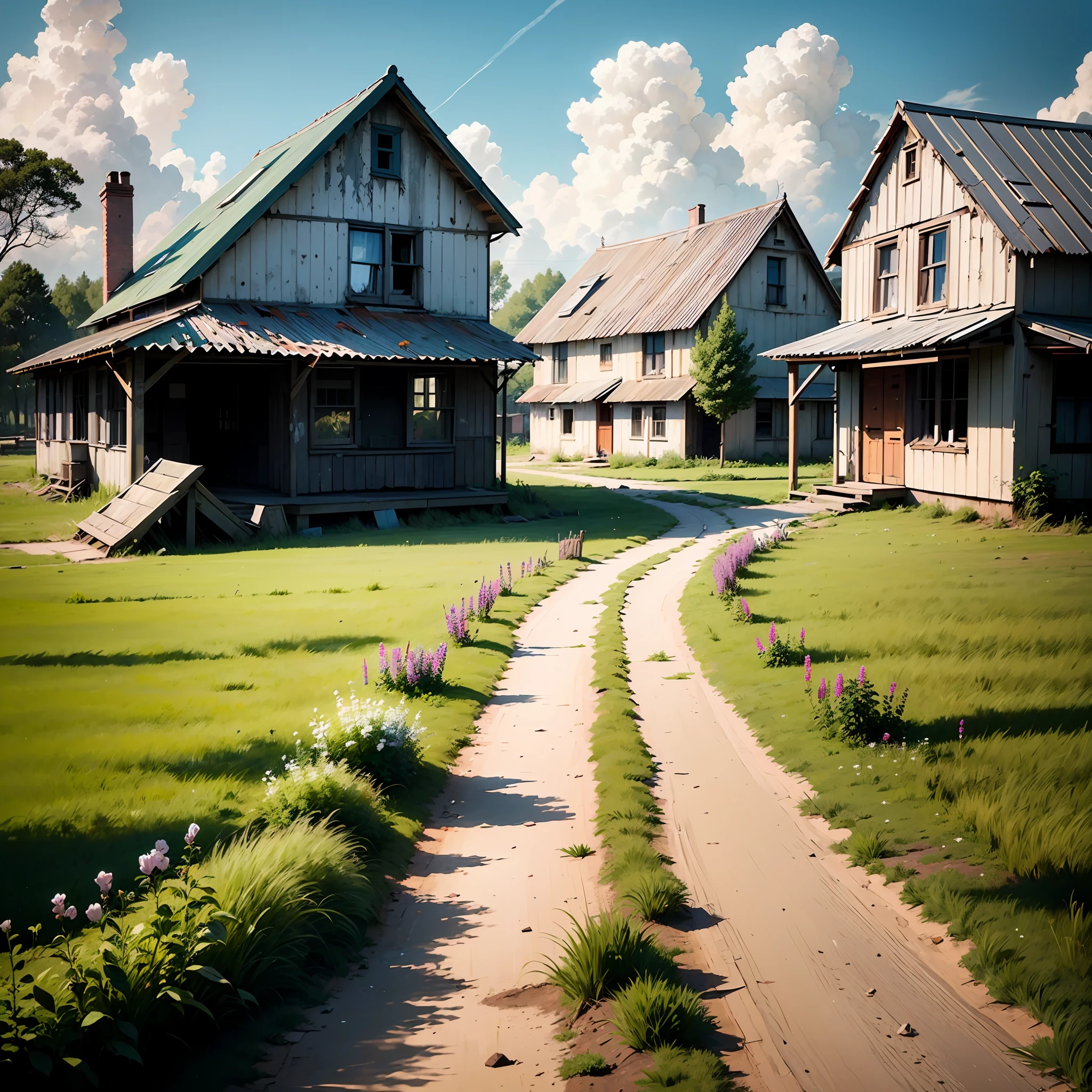 A field path unfolds in front of you, with white clouds floating in the blue sky. The path is lined with vast green fields. Several dilapidated wooden houses stand in the fields, in disrepair and retain their unique charm. The whole picture presents a peaceful and rural atmosphere. --auto