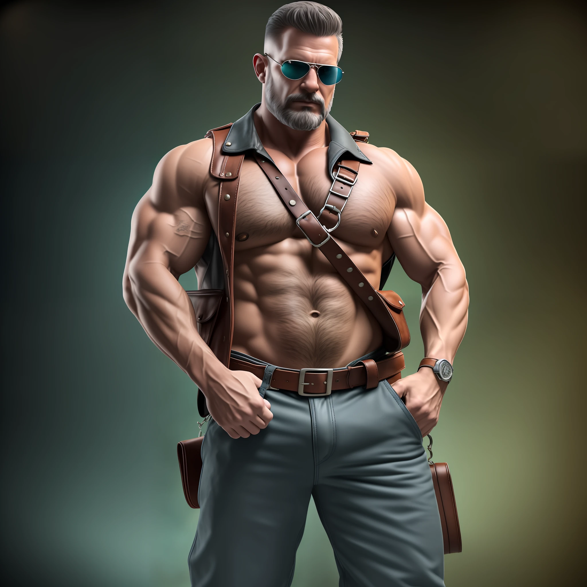 A portrait full body photograph Atractive mid age cop, cap cop, police badge, Aviator glasses, Handcuffs, gun, club, medium hair shaved sides, Strong, muscular, hairy big belly bodybuilder, showing very hairy pubs groin area,leather boots, epic realistic, photo, faded, neutral colors, ((((hdr)))), muted colors, intricate scene, artstation, intricate details, vignette