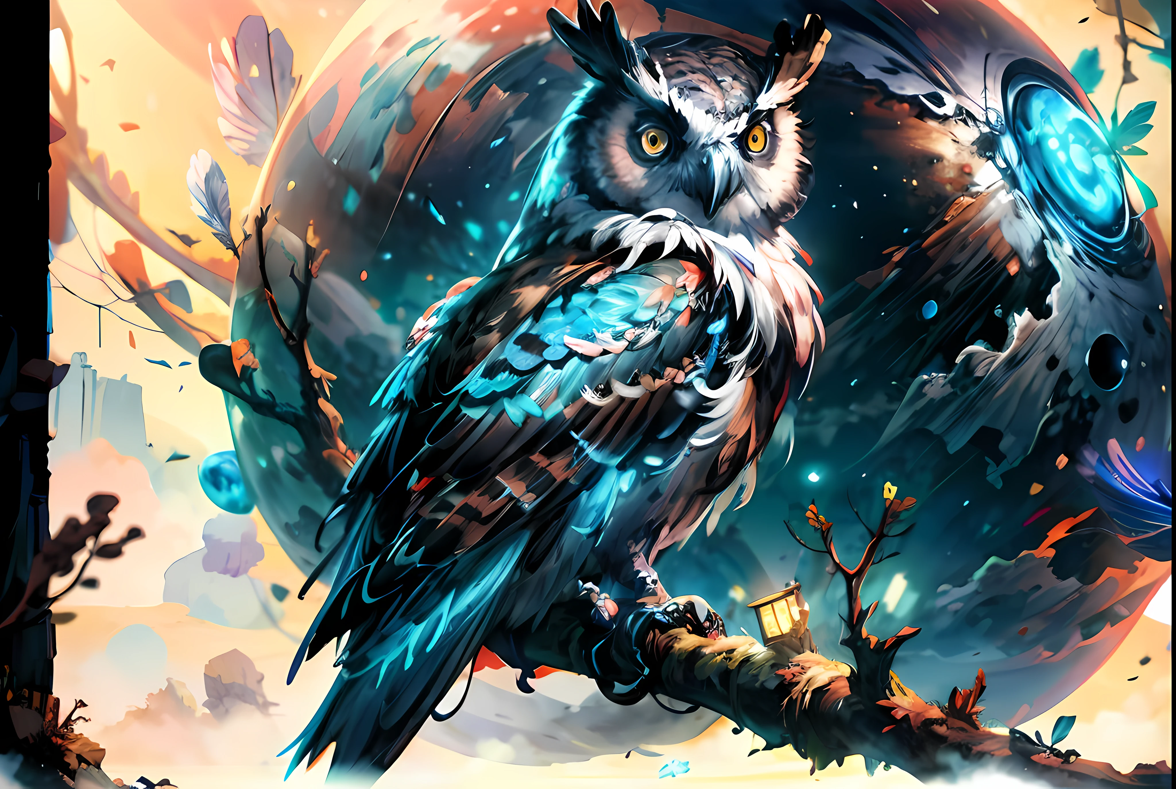 close shot of a mythical owl with colorful feathers, galaxy eyes, shiny feathers, detailed feathers, detailed big eyes, the owl is landing on an alien tree branch , looking at viewers with the eyes of judgement, focus, alien landscape background .BREAK,Detailed,Realistic,4k highly detailed digital art,octane render, bioluminescent, BREAK 8K resolution concept art, realism,by Mappa studios,masterpiece,best quality,official art,illustration,ligne claire,(cool_color),perfect composition,absurdres, fantasy,focused,rule of thirds,