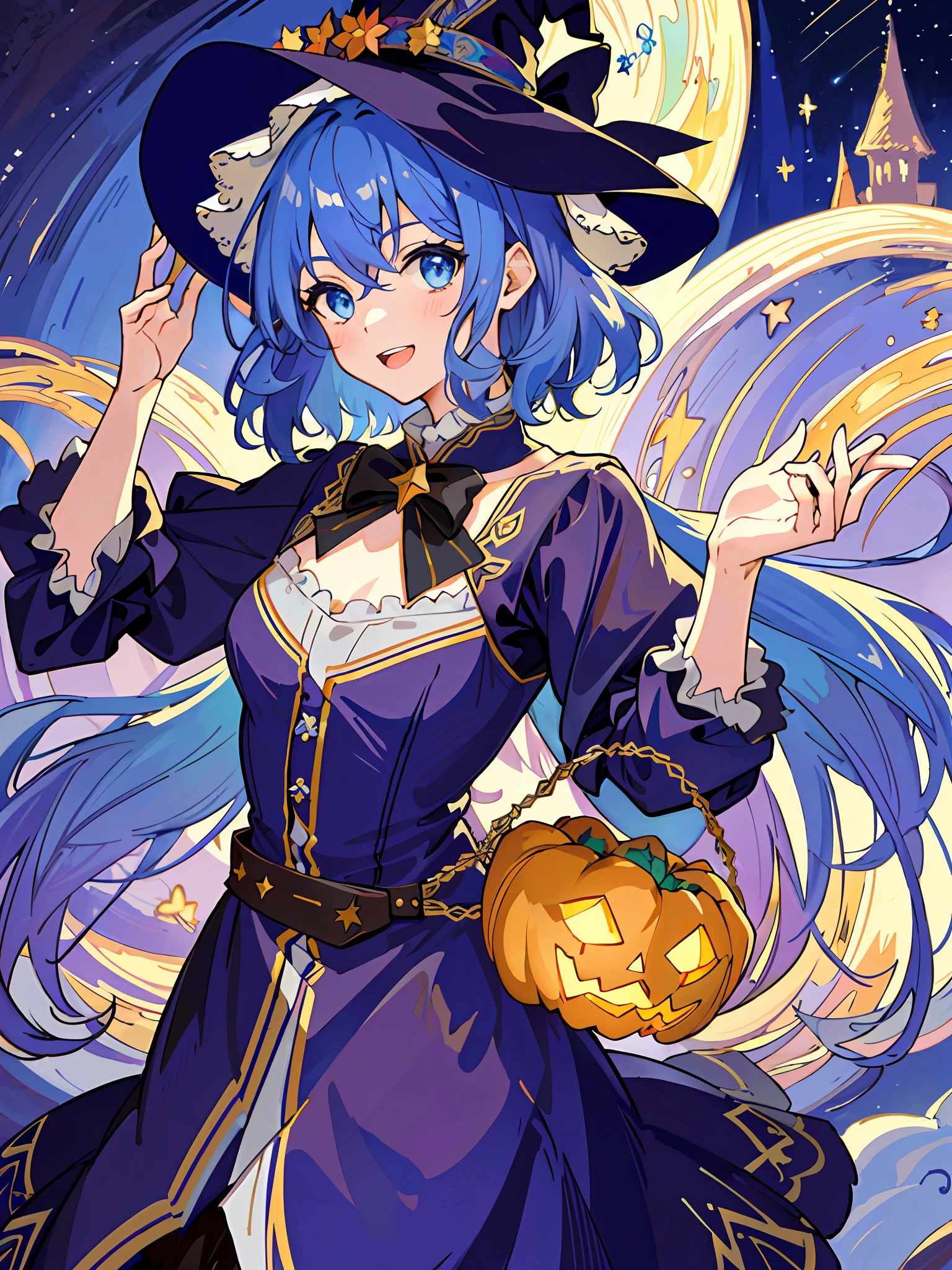 ((masterpiece:1.2, best quality)), 1girl, solo, (witch hat), a close up of a girl with curl hair, short hair, dress, aurora, night, star (sky), gloves, sky, dress, night sky, open mouth, starry sky, light blue eyes, ribbons, smile, cape, blue hair, magic, casting spell, night, (impressionism:1.4), alphonse mucha, Halloween colors, colorful candy