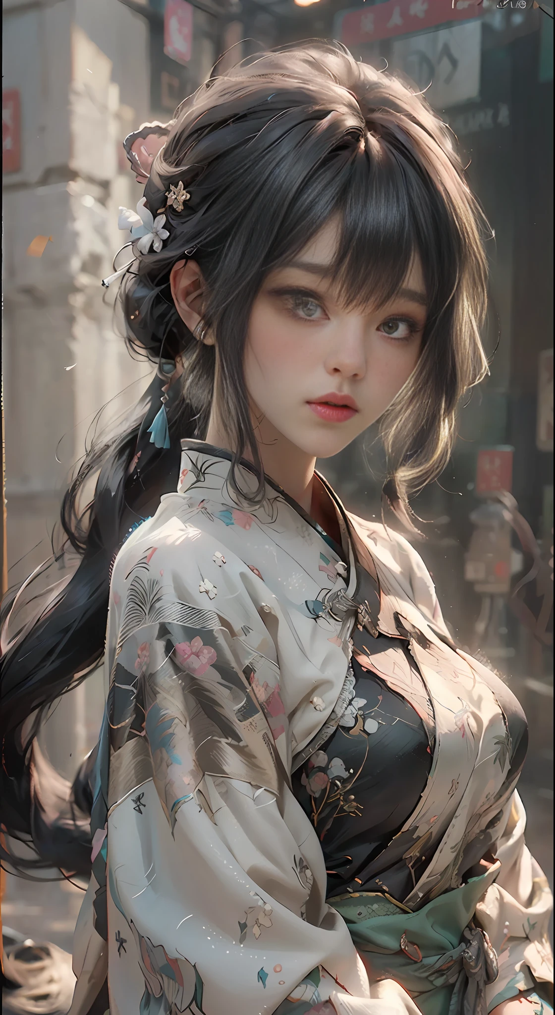 (Best Quality), (Masterpiece), (Detail: 1.4), 3D, A Beautiful Cyberpunk Female Figure, HDR (High Dynamic Range), Ancient Chinese Costumes, Satin Clothing, Ray Tracing, NVIDIA RTX, Super-Resolution, Unreal 5, Subsurface Scattering, PBR Textures, Post-processing, Anisotropic Filtering, Depth of Field, Maximum Sharpness and Sharpness, Multi-layer Textures, Albedo and Highlight Maps, Surface Shading, Accurate simulation of light-material interactions, Perfect Proportions, Octane Render, Bicolor Light, Large Aperture, Low ISO, White Balance, Rule of Thirds, 8K RAW,