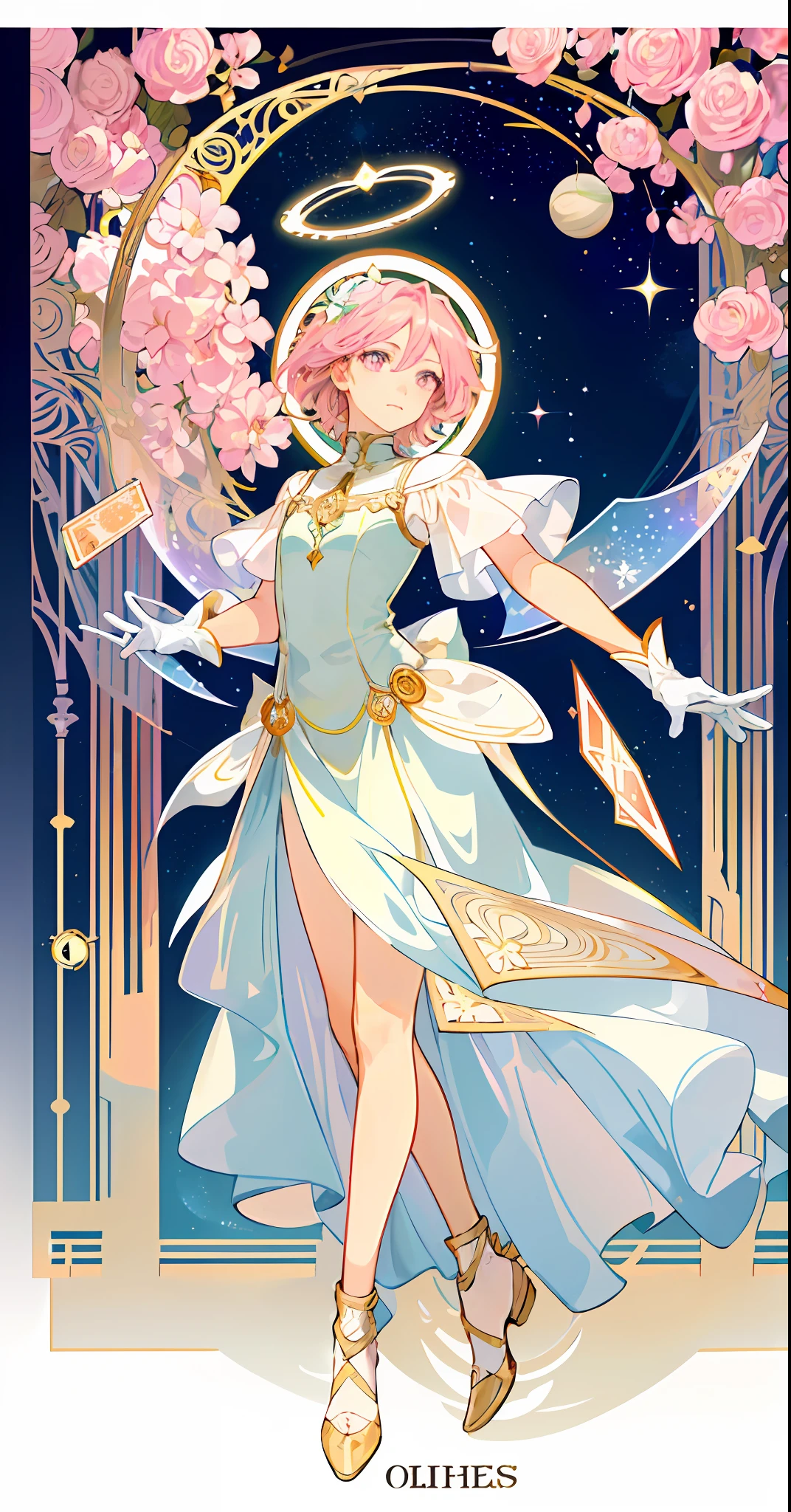 ((masterpiece,best quality)),(1girl, solo:1.4),beautiful detailed eyes, vivid, cinematic light, full_body, pink_flowers, (tarot_card), intricate, detailed background, looking_at_viewer, Madoka Kaname, hands reaching out, (flat chest), (walking), casual pose, posing, (white_gloves), (pink_eyes), white feathers, sparkles, glitter, celestial, outerspace, by alphonse mucha, (gold frame), halo, (tarot border)