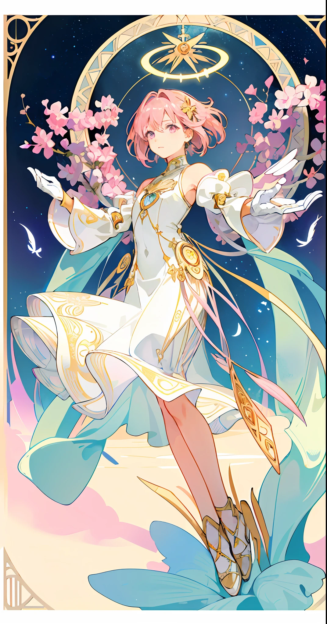 ((masterpiece,best quality)),(1girl, solo:1.4),beautiful detailed eyes, vivid, cinematic light, full_body, pink_flowers, (tarot_card), intricate, detailed background, looking_at_viewer, Madoka Kaname, hands reaching out, (flat chest), (walking), casual pose, posing, (white_gloves), (pink_eyes), white feathers, sparkles, glitter, celestial, outerspace, by alphonse mucha, (gold frame), halo, (tarot border)