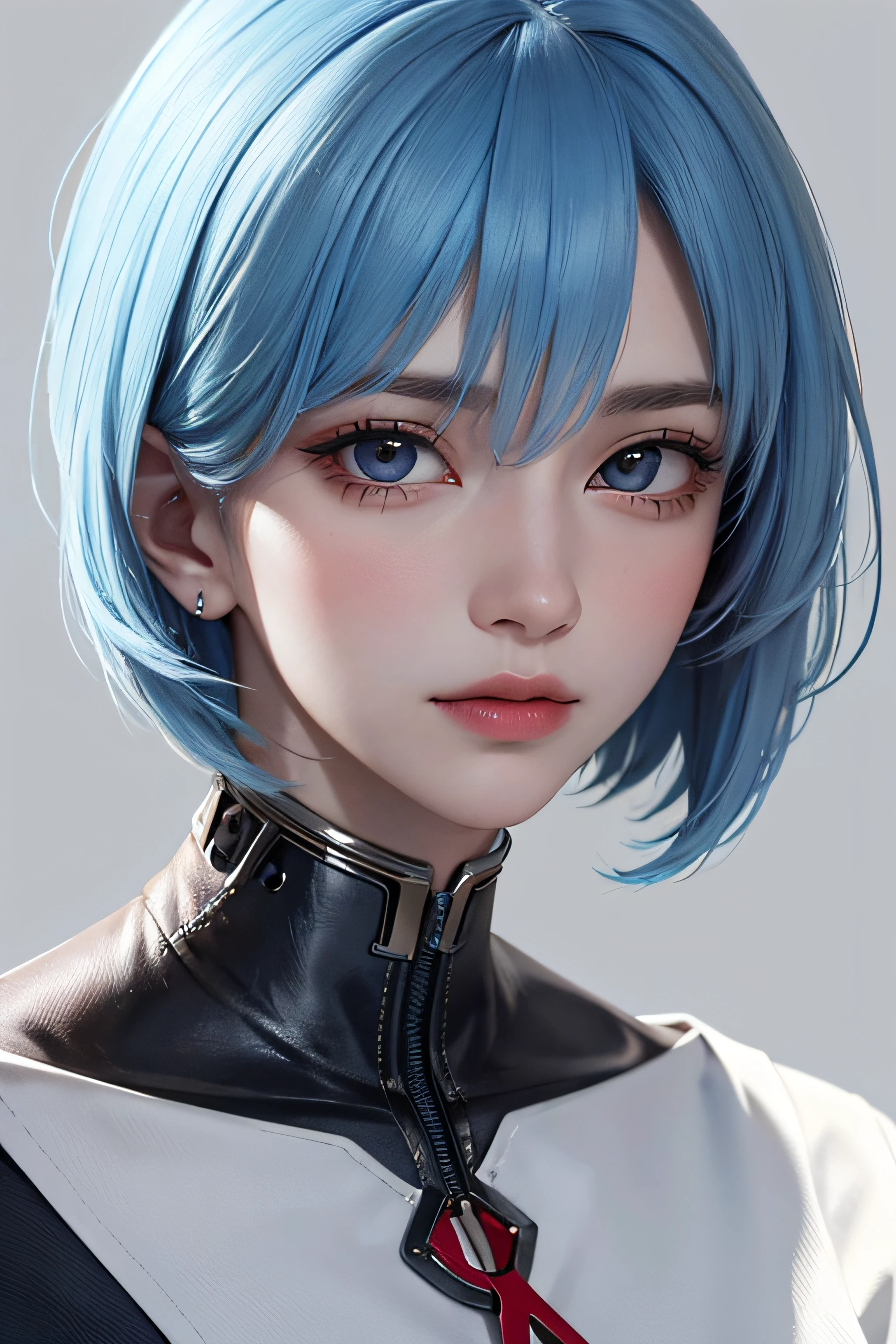 Masterpiece, Best Quality, 8K, Detailed Skin Texture, Detailed Cloth Texture, Beautiful Detail Face, Intricate Detail, Ultra Detailed, Portrait of Rei Ayanami, Blue Hair, Red Eyes, Sideways Glance, No Background