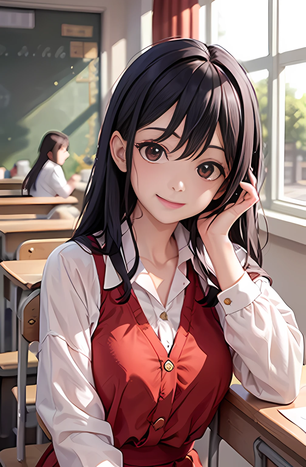 Masterpiece, top quality, best quality, official art, 1girl, red costume, long black hair, sunlight on the face, Tyndall effect, delicate facial features, facing the camera, warm lighting, smile, classroom, table, chair, blackboard, school uniform, anime,