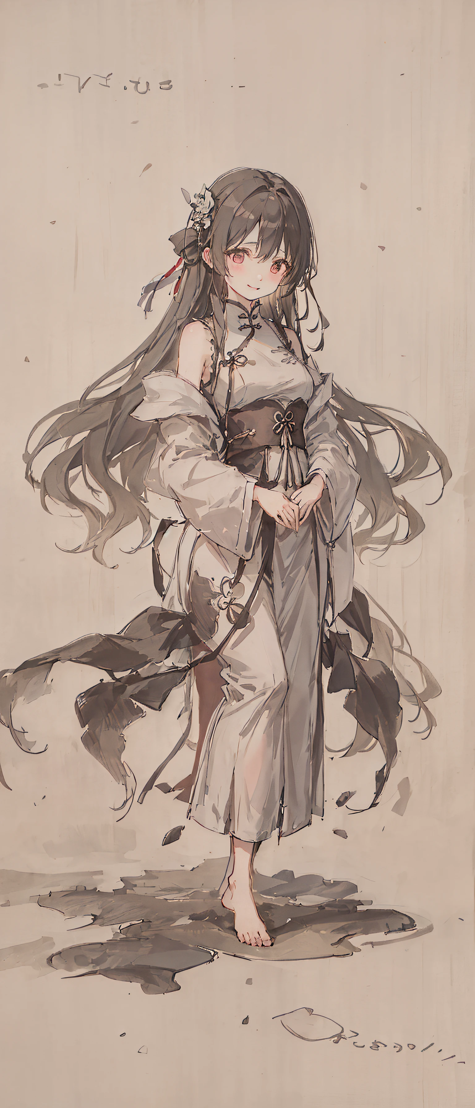 ((4k,masterpiece,best quality)), shuimobysim, traditional chinese ink painting, lotus, hanfu, maxiskit, dress conservatively
1girl, solo, long blue hair, smile, standing, feet in the water, barefoot,