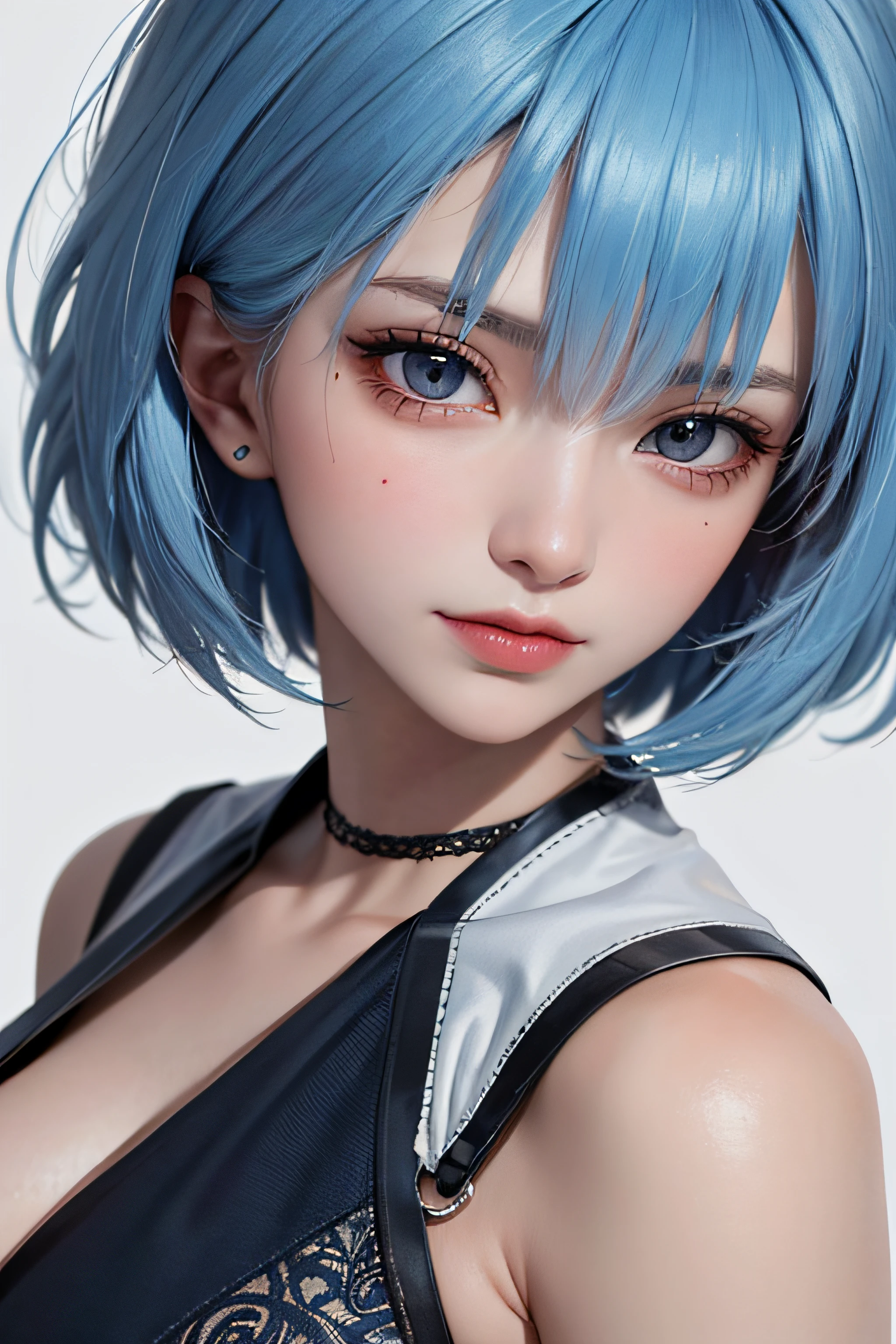 Masterpiece, Best Quality, 8K, Detailed Skin Texture, Detailed Cloth Texture, Beautiful Detail Face, Intricate Detail, Ultra Detailed, Portrait of Rei Ayanami, Blue Hair, Red Eyes, Sideways Glance, No Background
