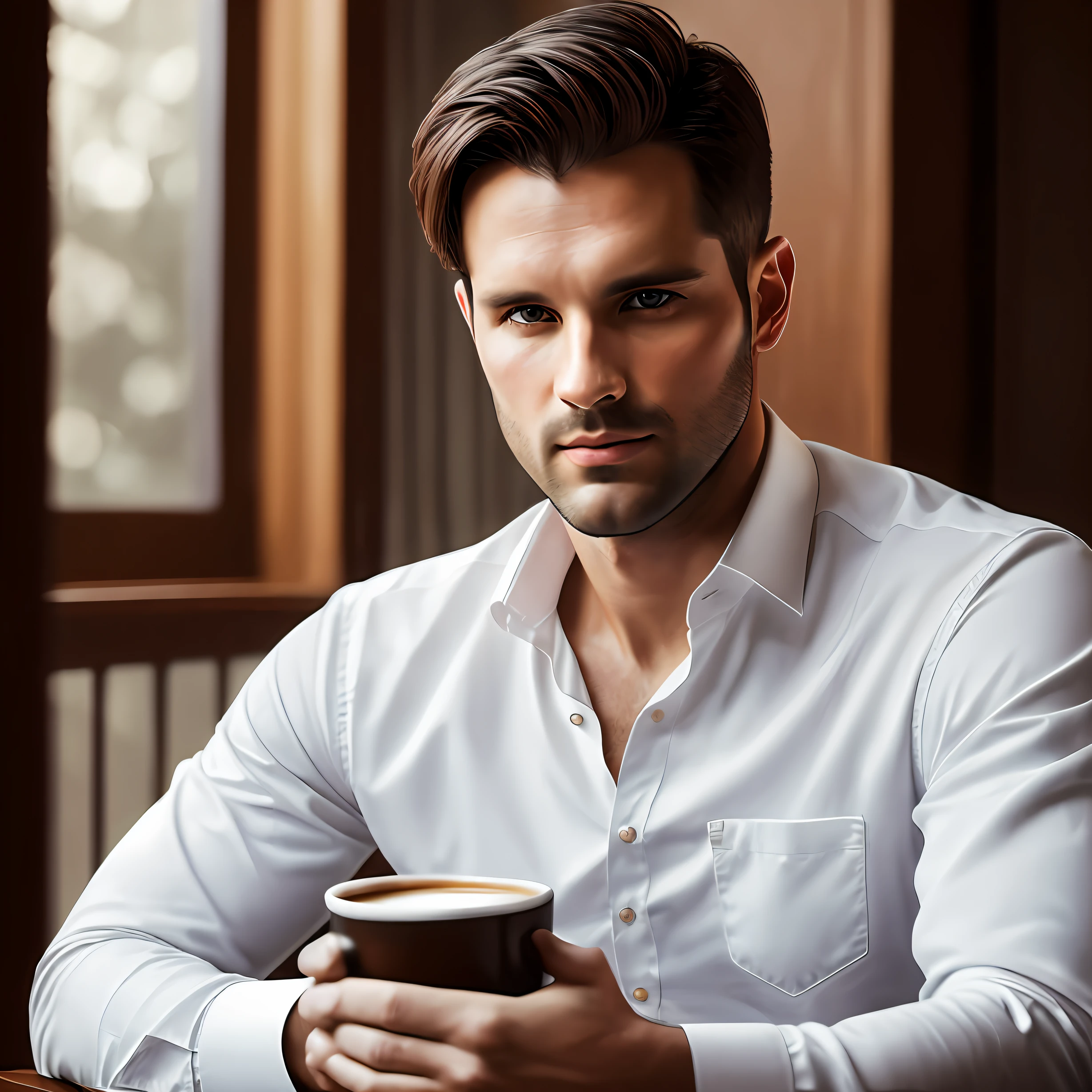 1man, a 30-year-old muscular male, wearing a long-sleeved white shirt and tie, drinking coffee, soft lighting, masterpiece, best quality, 8k ultra HD, DSLR camera, film grain, Midjourney and greg rutkowski's Fujifilm XT3 realistic painting art --auto