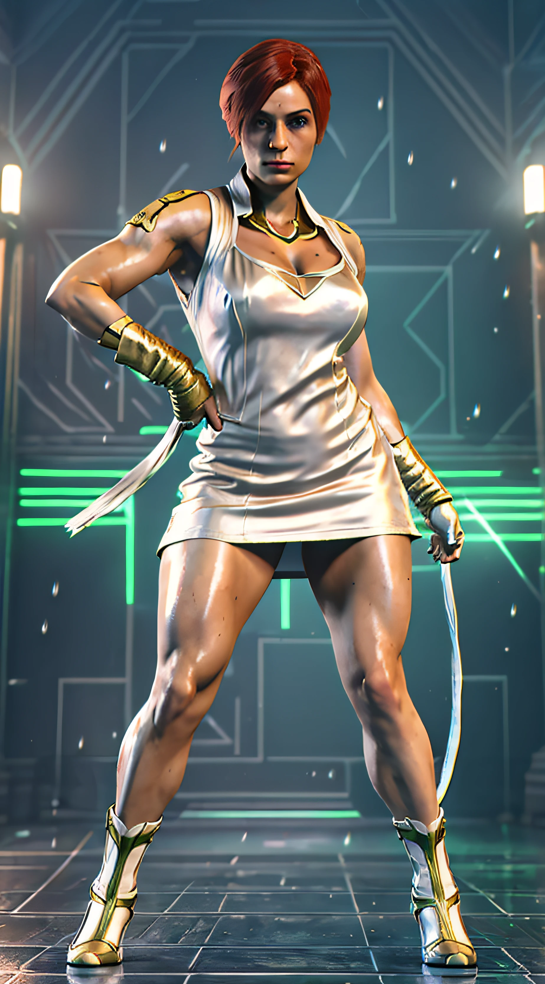 Rogue X-Man cartoon character with red hair, (realistic face, ultra detailed) full body shot, five fingers on each hand, gold and white, yellow and green colored clothing, heavy rain, magical, highly detailed, artstation trend, unreal 4k engine, cinematic wallpaper, X-Man movie backdrop, 4K, porcelain skin, detailed, 8K,  dynamic lighting, white chromatic freak, drenchedcammy, cutesexyrobutts, white silk dress, [ 4K Digital Art ] ! , posing for an intricate fight, [ 4K digital art, , giant art, in fighter poses, SFW version, rendered in SFM, X-Man cartoon character
