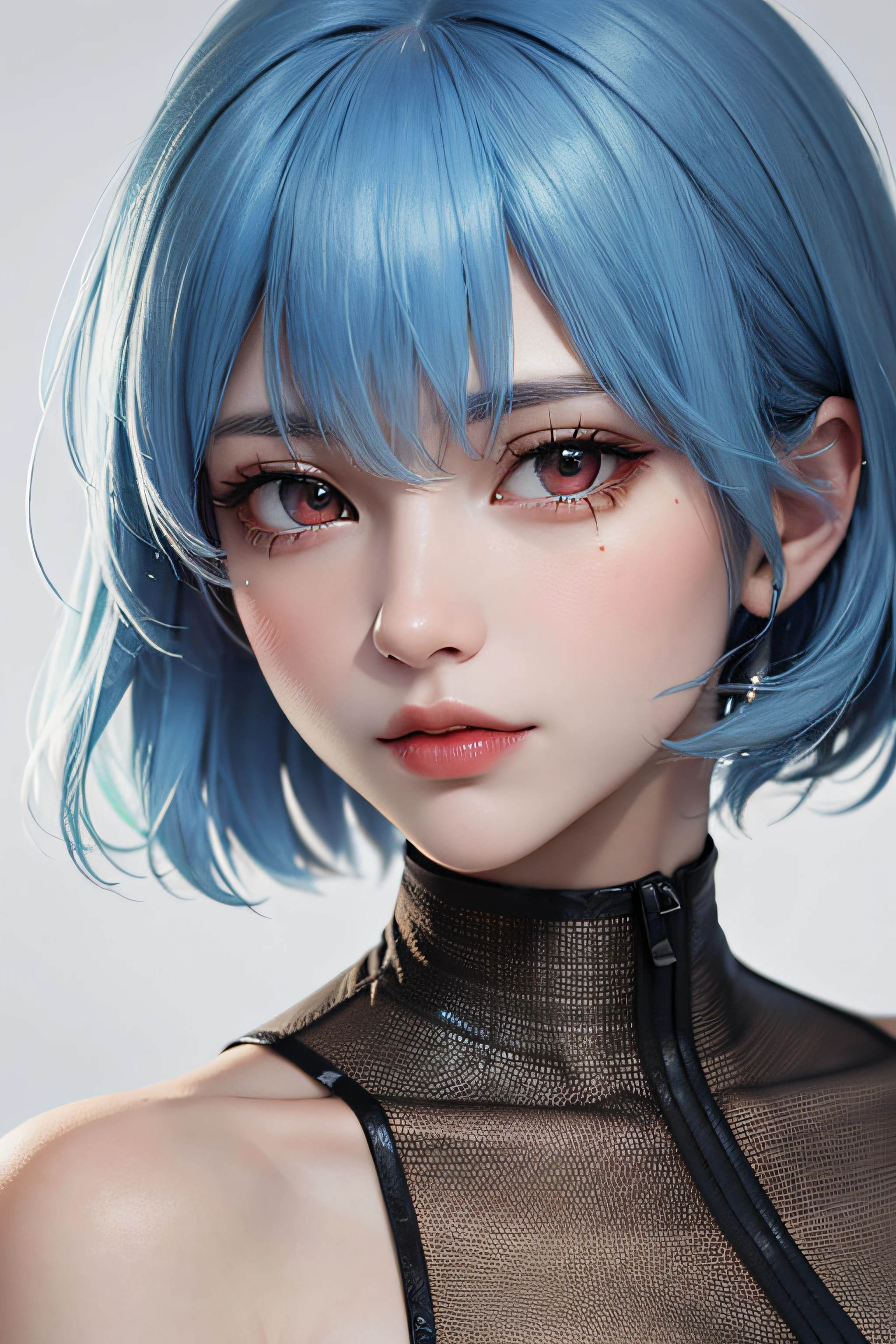 Masterpiece, Best Quality, 8K, Detailed Skin Texture, Detailed Cloth Texture, Beautiful Detail Face, Intricate Detail, Ultra Detailed, Portrait of Rei Ayanami, Blue Hair, Red Eyes, Pixie Cut, No Background