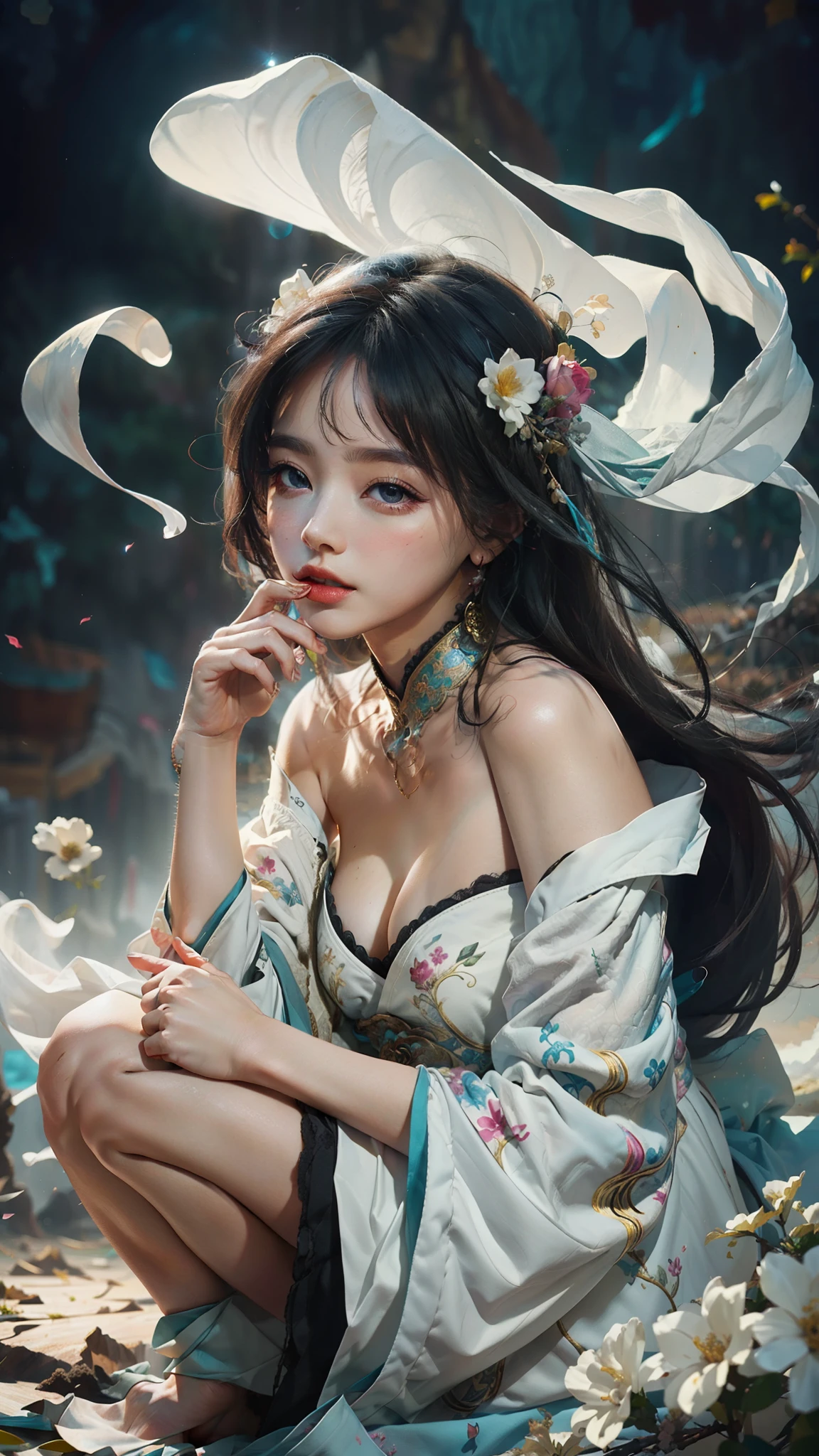 zhongfenghua, 1girl, (full body) solo, hanfu, flower field, blossom, (white smokes:1.3) (photorealistic:1.4), zentangle, mandala, entangle, official art, unity 8k wallpaper, ultra detailed, beautiful and aesthetic, masterpiece,best quality, (dynamic angle:1.4), glowing skin, (floating colorful sparkles:1) the most beautiful form of chaos, elegant, a brutalist designed, vivid colours, romanticism depth of field,