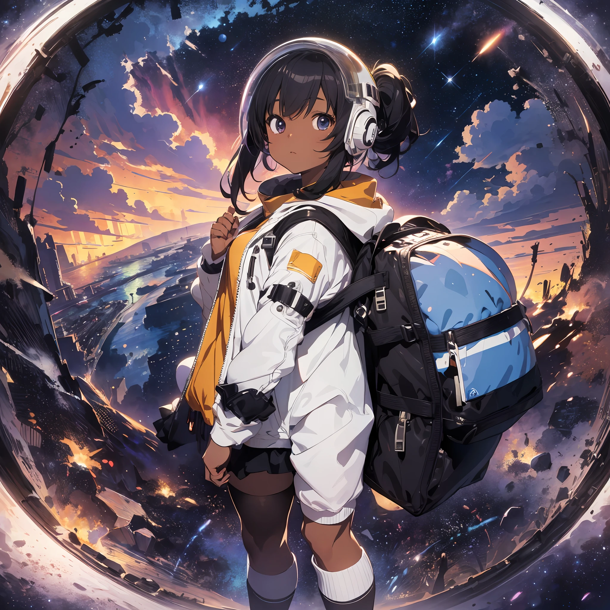 Milky Way in the background, spacesuit, background is outer space, helmet, spacewalk, space debris floating, giant comet, thick eyebrows, (huge backpack: 1.5), (dark skin: 1.3), brown skin, movie lighting, small, rabbit ears, (masterpiece), ((best quality)), (super detailed), shiny skin, full body anime girl, Clean and detailed anime face, high-resolution anime eyes, five fingers, textile shading, perfect human structure, perfect anatomy,