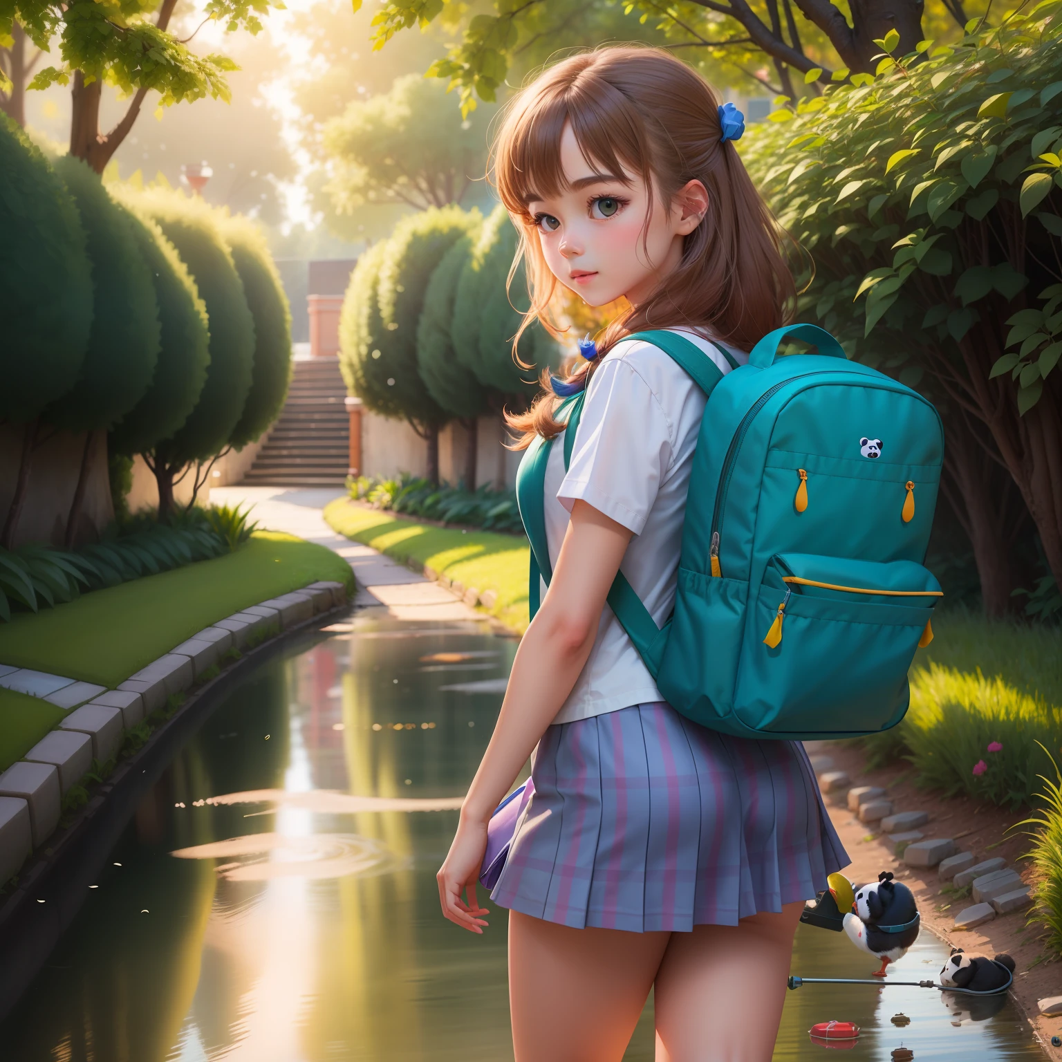 A cute panda strolls through the green garden carrying a blue schoolbag with a chicken motif