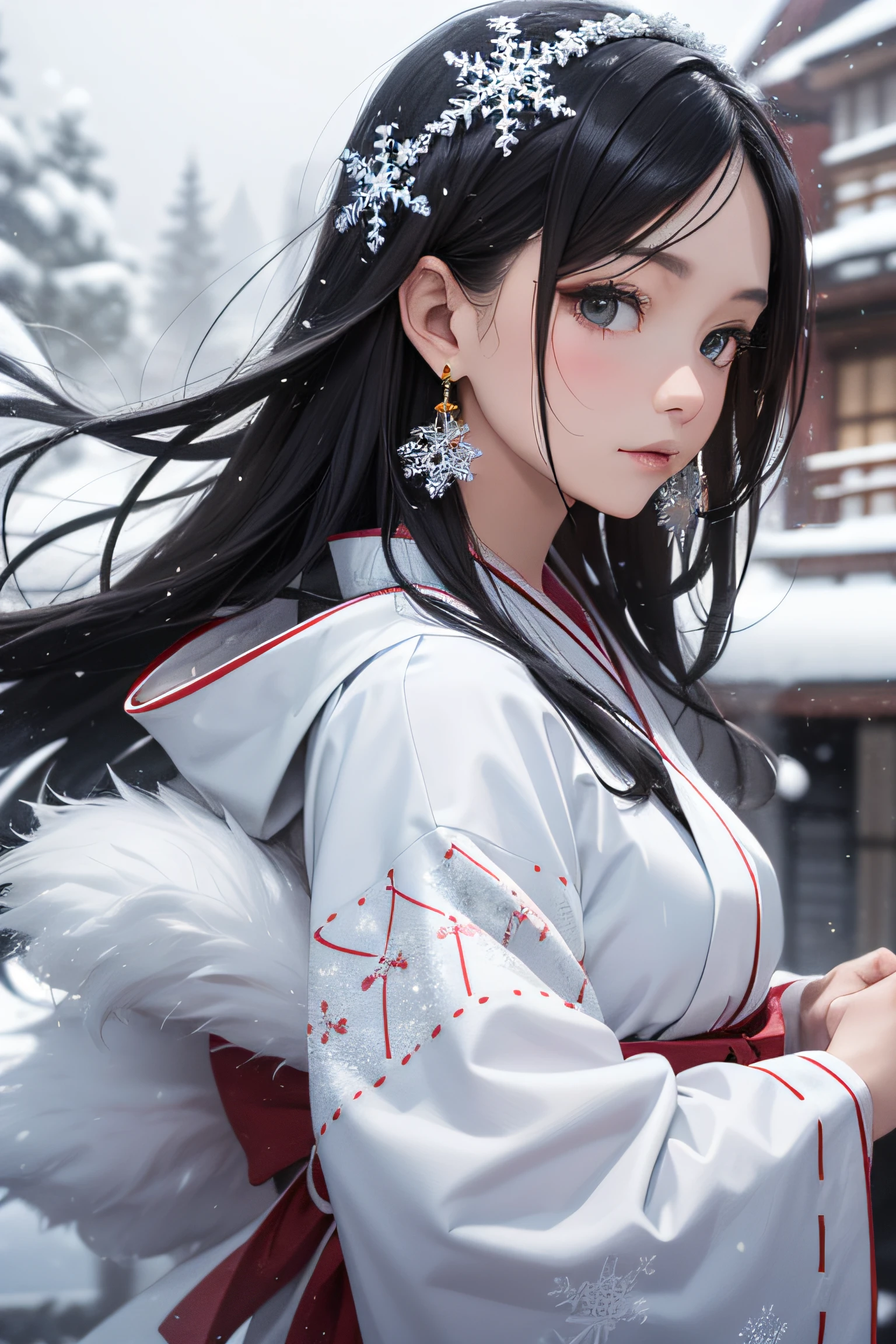 masterpiece, real, snow woman, looking at the viewer with a glaring gaze fluttering long sleeves in a Japan white kimono, ultra-long black hair with a snowflake horn ornament and earrings resembling icicles, 18 years old, in a blizzard blowing from behind, snowy mountains, snowman under him