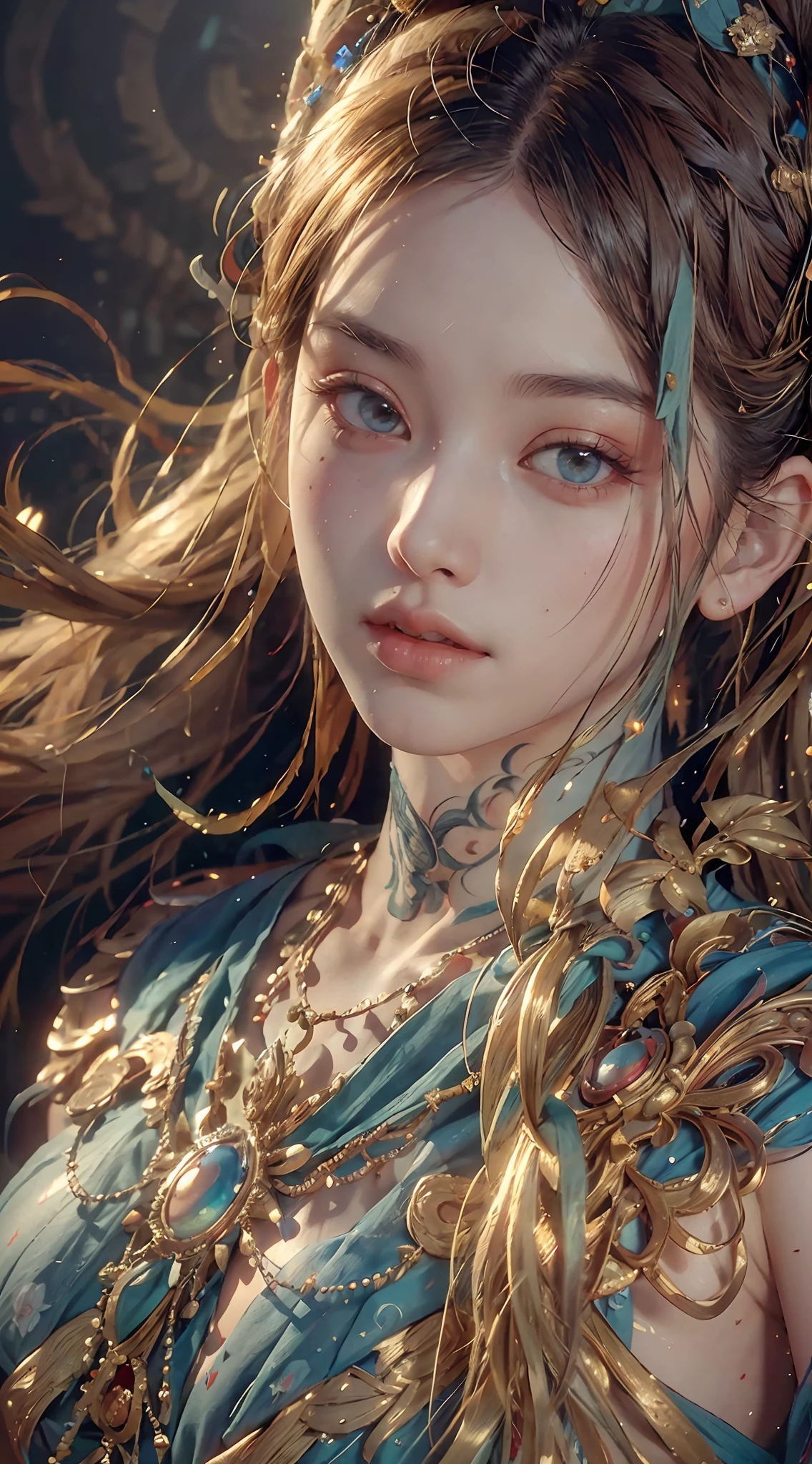 (RAW photo, best quality), (realistic, photo-realistic:1.3),best quality,highly detailed,masterpiece,ultra-detailed,illustration,1girl,upper_body,dynamic angle,world masterpiece theater,messy_long_hair,best quality,extremely detailed CG unity 8k wallpaper,ink,Amazing,cinematic lighting,lens_flare,,dunhuang_style