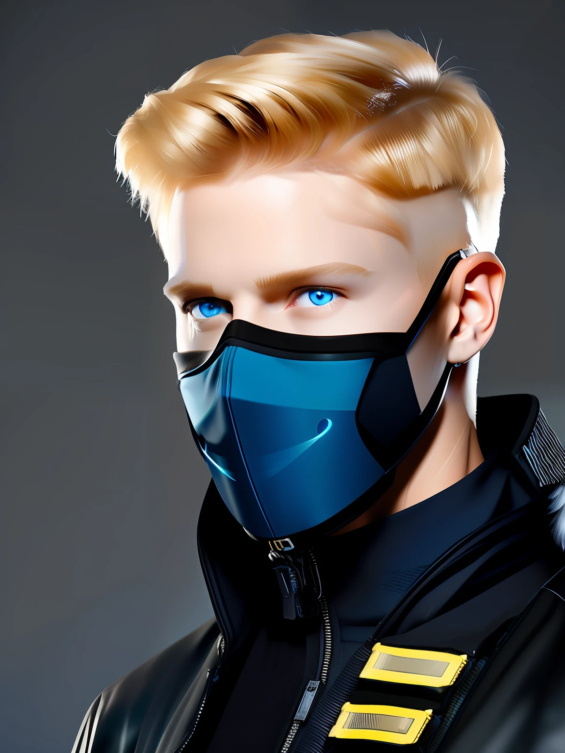 Man in black flight suit, blonde hair, blue eyes, square chin, asymmetrical face, looking at me