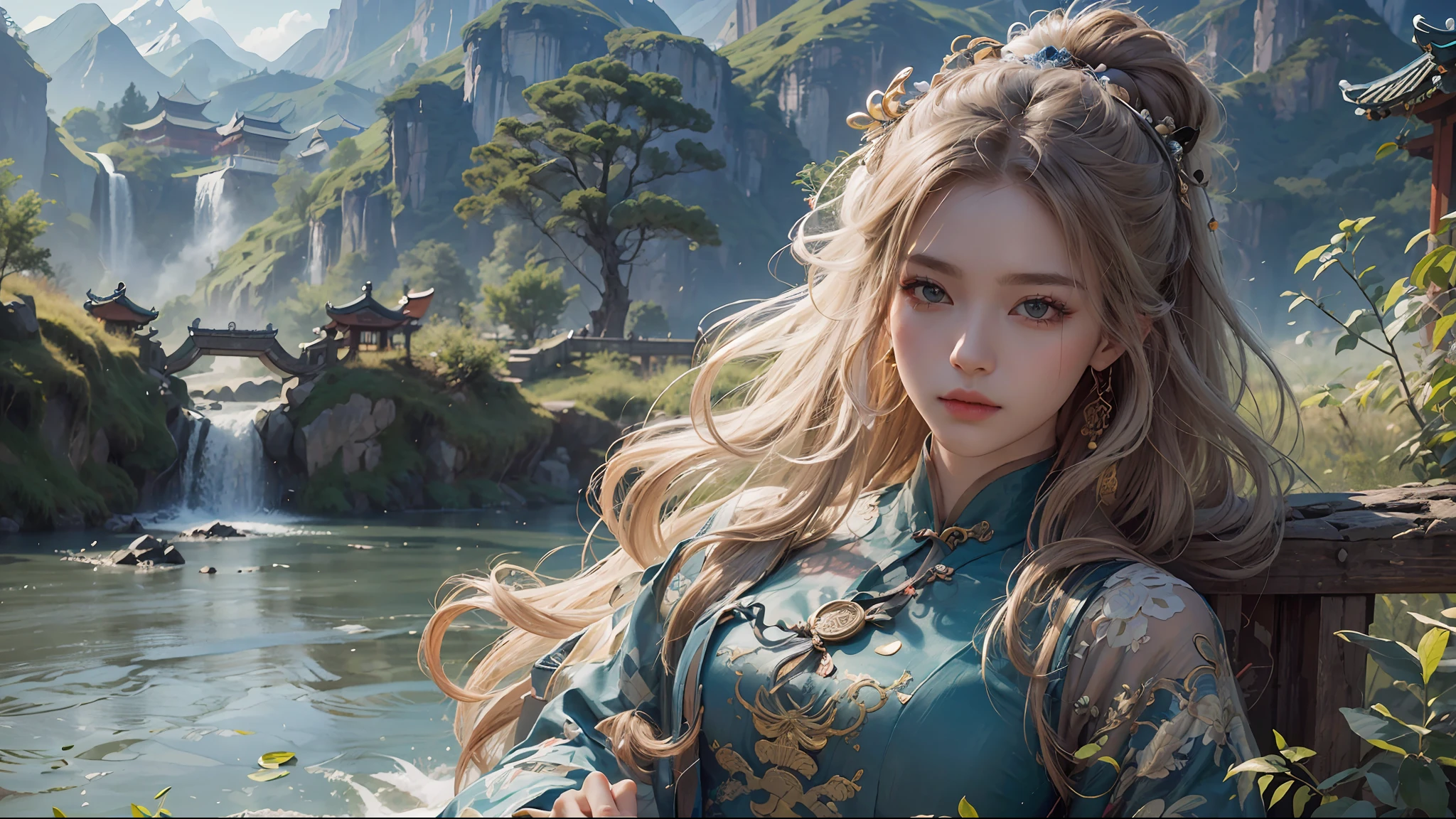 (masterpiece), (realistic:1.3), highly detailed, 8k, raw photo, 1girl, solo, long hair, blonde hair, brown eyes, narrow waist, hair ornament, fairy land, landscape, Chinese Architecture, east asian architecture, mountain, river, waterfall, portrait,
POV, looking at viewer,
ulzzang-6500:0.7, (zhaojun:1.4) chinese, mountains, ancient chinese style landscape painting, mountains in front, beautiful winding green river behind, extremely sharp old paper detail, high paper detail, high line detail, high resolution, ultra high quality, raw, 8k image, extremely high color detail, intricate, epic composition, cinematic lighting, masterpiece, bold complimentary colors. stunning masterfully illustrated by artgerm and range chinese style landscape painting, yellow paper color, painted with black and white ink, artstation, sergey svistunov, hyperrealistic, fog,