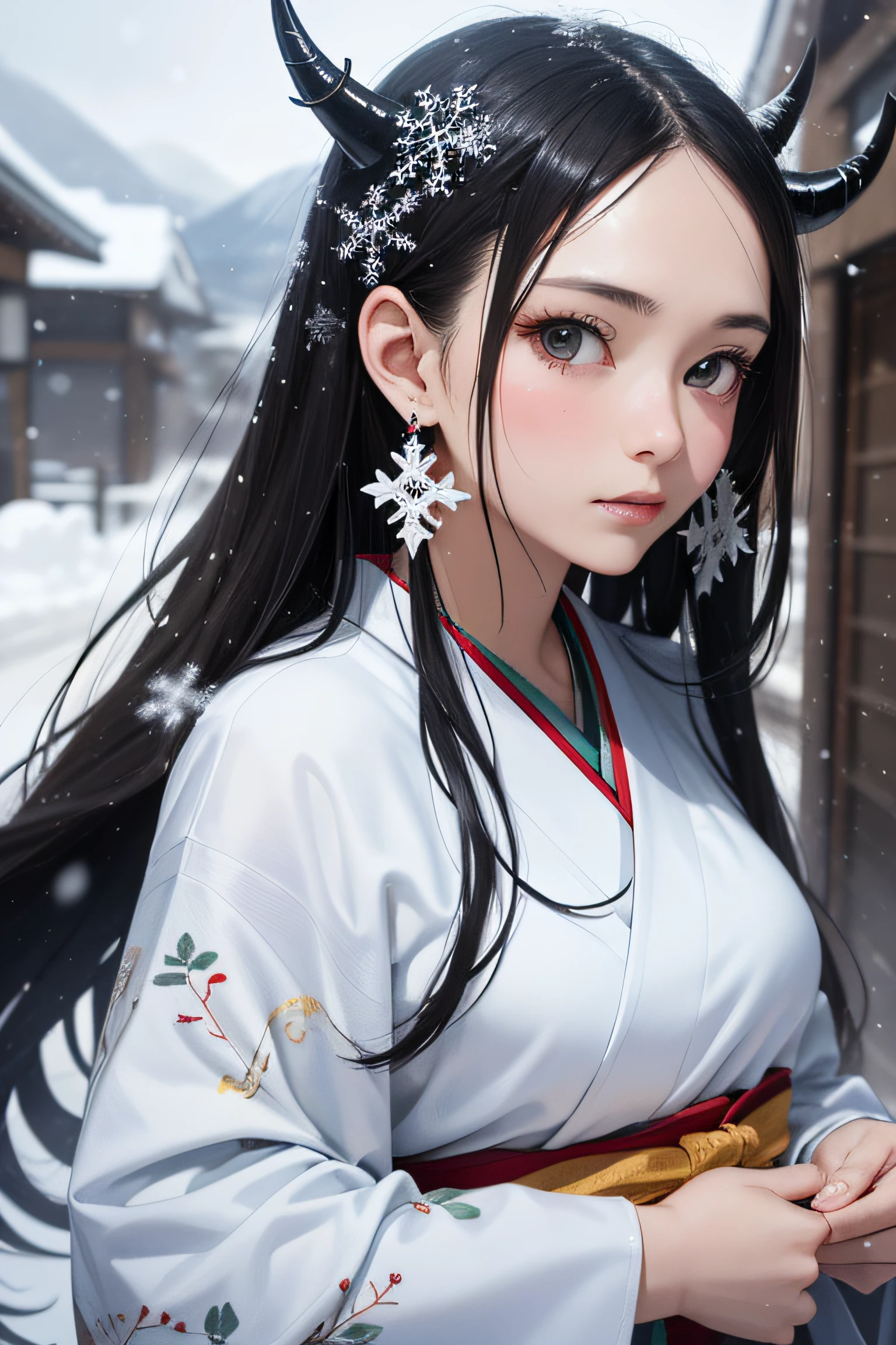 masterpiece, real, snow woman, looking at the viewer with a glaring gaze fluttering long sleeves in a Japan white kimono, ultra-long black hair with a snowflake horn ornament and earrings resembling icicles, 18 years old, in a blizzard blowing from behind, snowy mountains, snowman under him