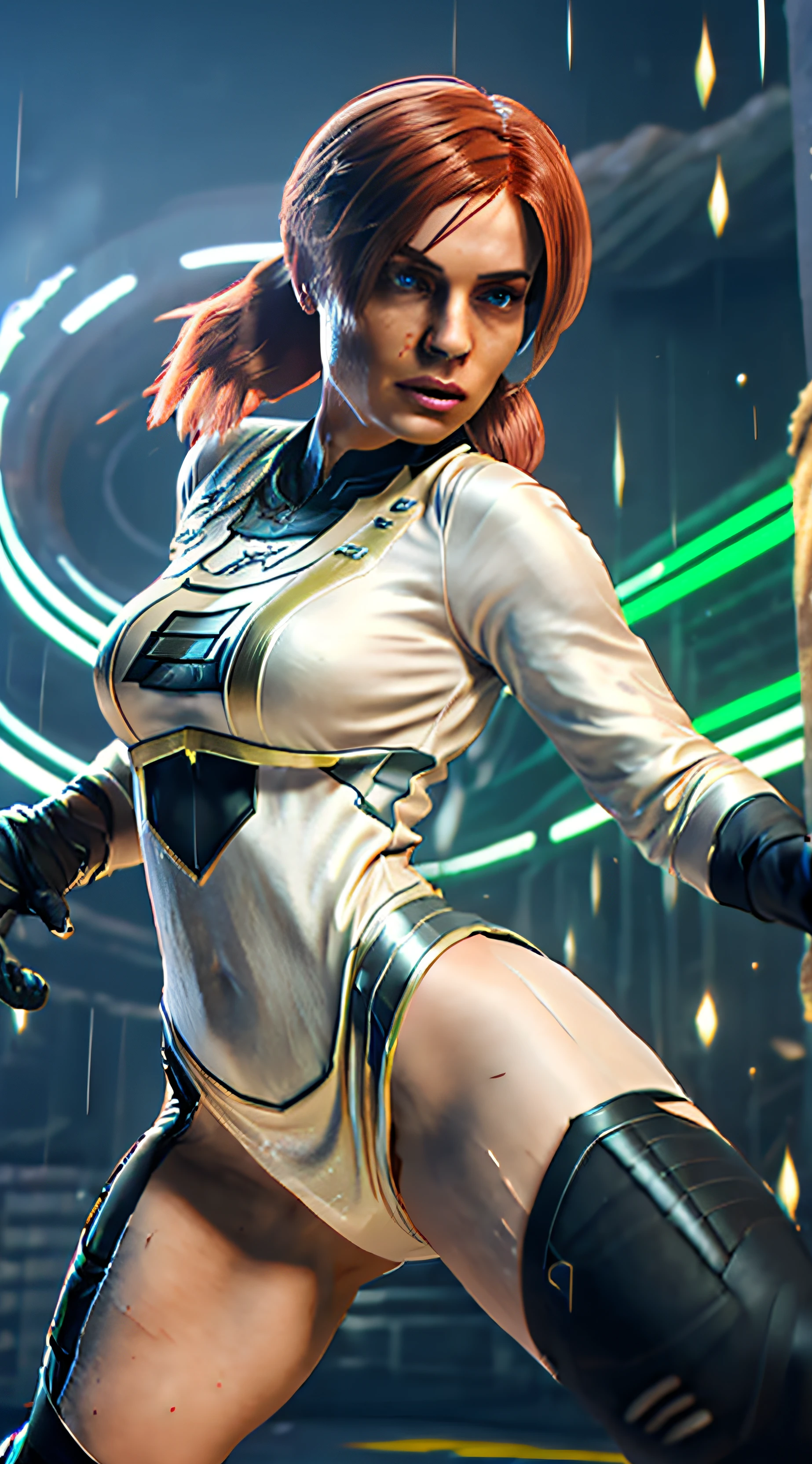 Rogue X-Man cartoon character with red hair, (realistic face, ultra detailed) full body shot, five fingers on each hand, gold and white, yellow and green colored clothing, heavy rain, magical, highly detailed, artstation trend, unreal 4k engine, cinematic wallpaper, X-Man movie backdrop, 4K, porcelain skin, detailed, 8K,  dynamic lighting, white chromatic freak, drenchedcammy, cutesexyrobutts, white silk dress, [ 4K Digital Art ] ! , posing for an intricate fight, [ 4K digital art, , giant art, in fighter poses, SFW version, rendered in SFM, X-Man cartoon character