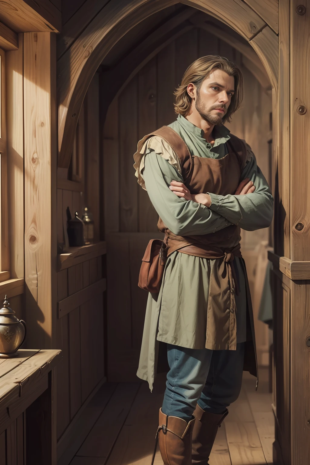 Masterpiece, highly detailed, ultra-realistic, detailed background,
beautiful face, beautiful eyes, medieval style,
(dark wooden inn room),
(handsome man standing leaning against the wall with arms crossed), (full body), (boots), (from side),