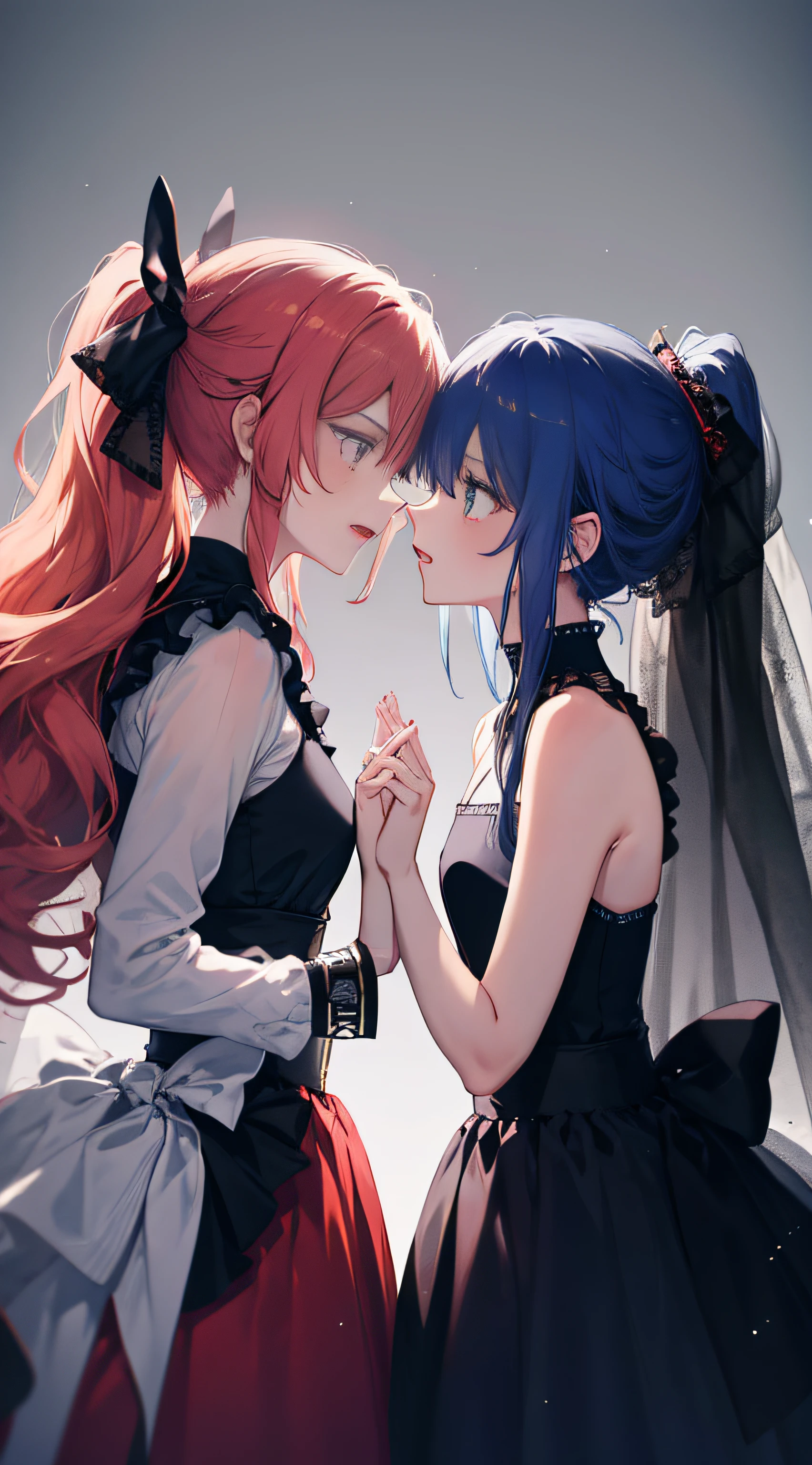 Multiple girls, 2 girls, Yuri, Fingerless Gauntlet, Anime Shoujo
Red hair, black veil, long skirt, black skirt, high ponytail, coiled hair