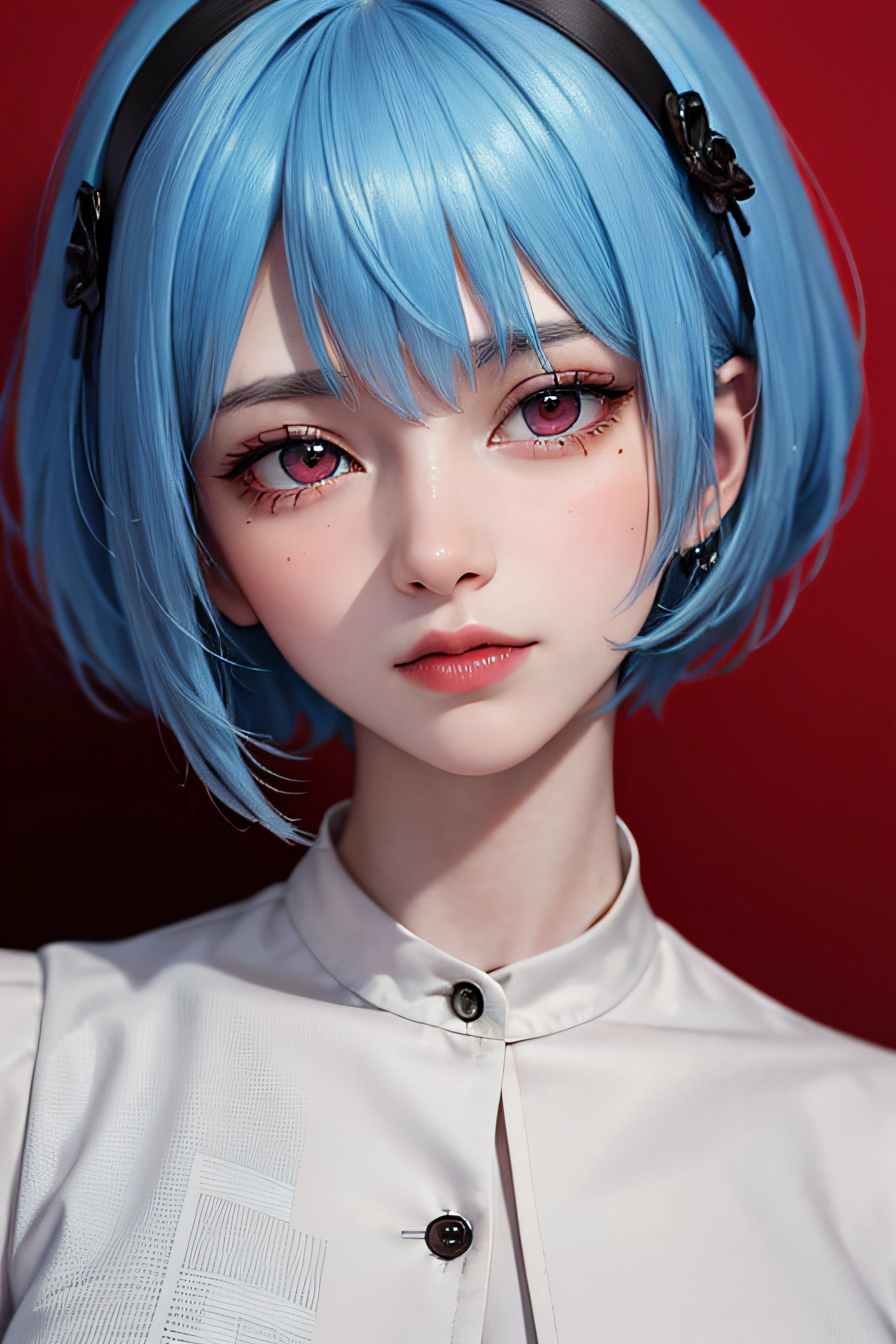 Masterpiece, Best Quality, 8K, Detailed Skin Texture, Detailed Cloth Texture, Beautiful Detail Face, Intricate Detail, Ultra Detailed, Portrait of Rei Ayanami, Blue Hair, Red Eyes, Head Tilt, No Background