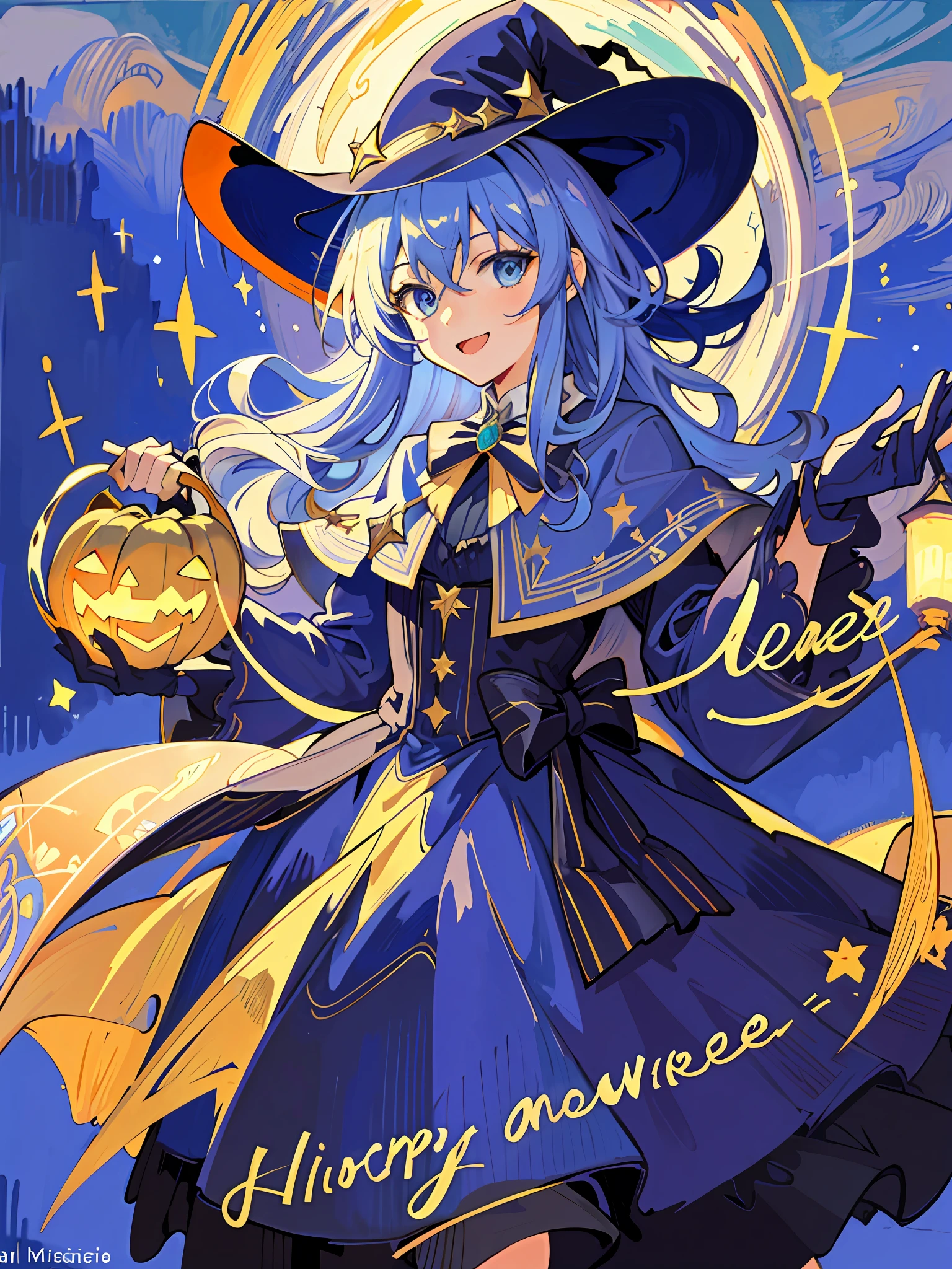 ((masterpiece:1.2, best quality)), 1girl, solo, (witch hat), a close up of a girl with curly hair, dress, aurora, night, star (sky), gloves, sky, dress, night sky, open mouth, starry sky, light blue eyes, ribbons, smile, cape, blue hair, magic, casting spell, night, (impressionism:1.4), alphonse mucha, Halloween colors, colorful candy, casting a spell, magical lights