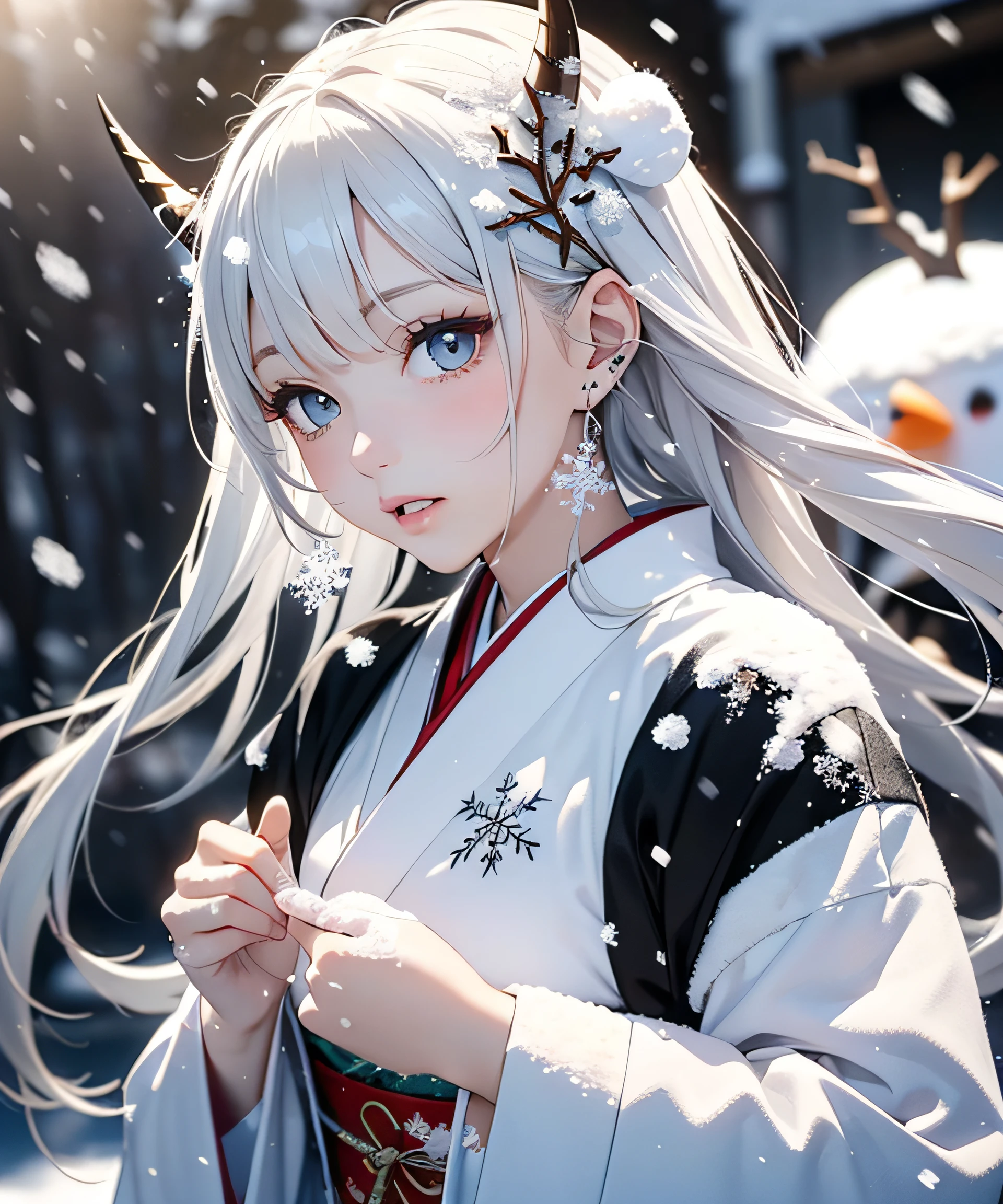 Masterpiece, Real, (((Beautiful Snow Woman)))), ((((Beautiful Snow Woman in Old Tales)))), (Horn: 0.01)), (Japan white kimono with a white obi and long sleeves that are red and long sleeves fluttering and look at the viewer with narrowed eyes while showing anger)), (Ultra long black hair with a snowflake horn hair ornament and snowman-shaped earpiece), 20 years old, ( Plains in a blizzard so blizzard that they are blurred by snow))), glossy