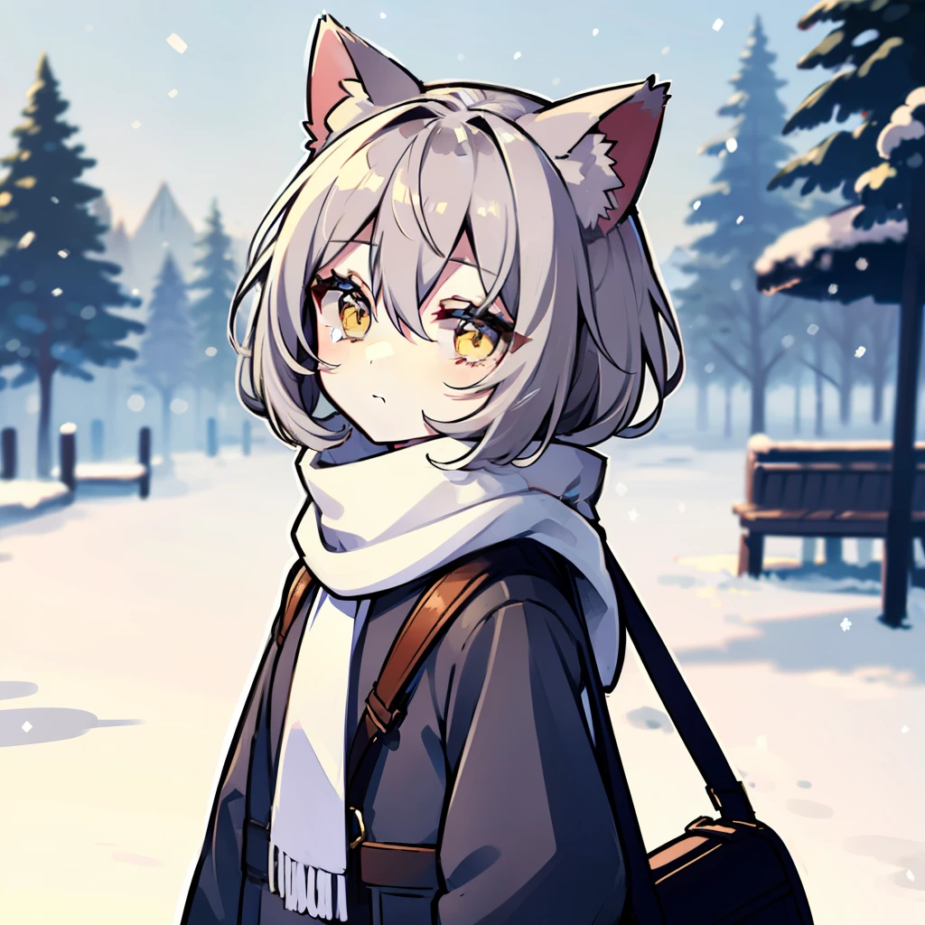 (masterpiece), (best quality), (very detailed), girl single, solo, yellow eyes, cat ears, looking viewer, long sleeves, bangs, closed mouth, white scarf, hair between eyes, gray hair, black coat,winter,snow,open clothes,bag, tree,