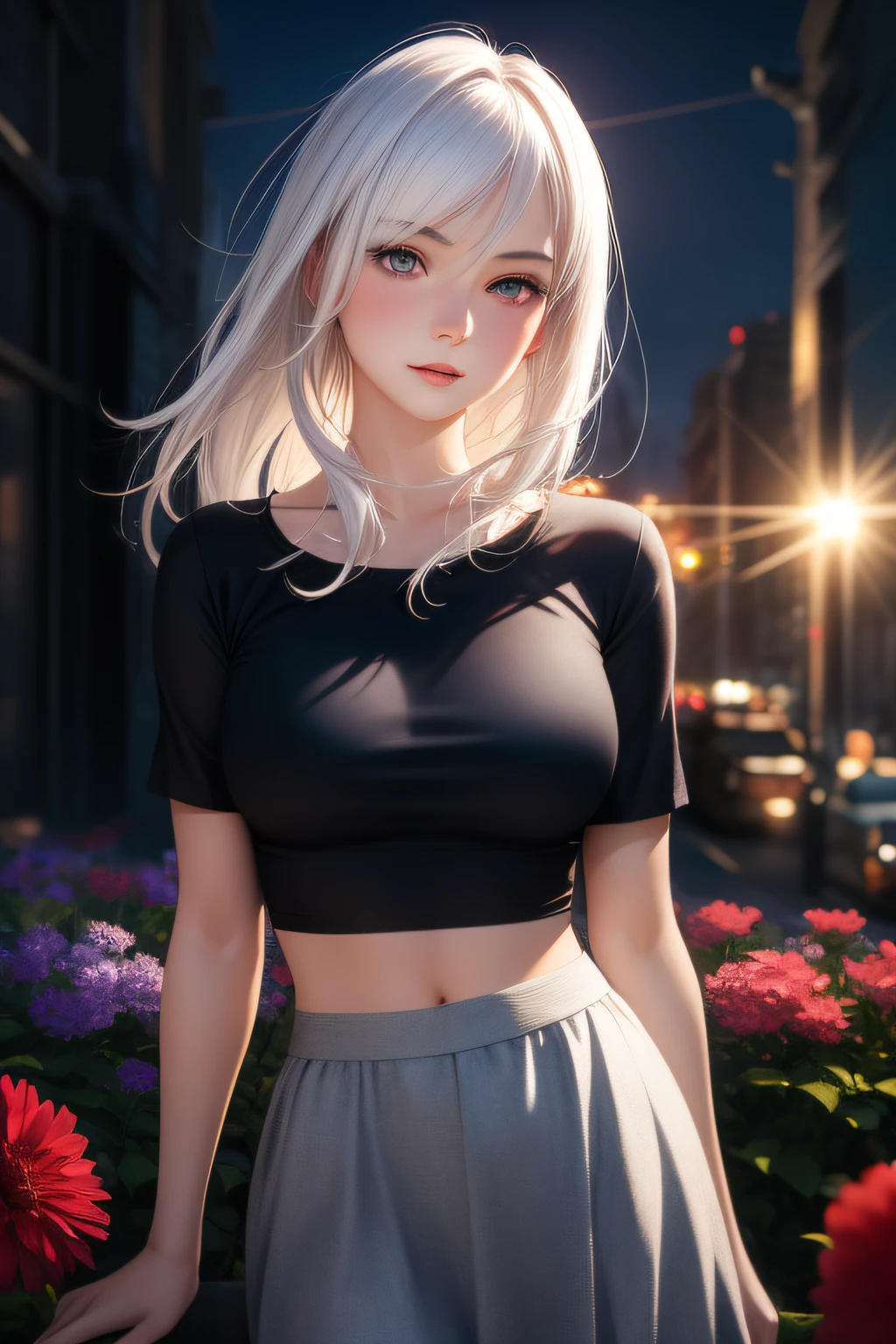 realistic, 1girl, white hair, purple eyes, bright eyes, cropped top, skirt, half-open lips, blush, night, flowers, sun, sunlight, 4 different artworks