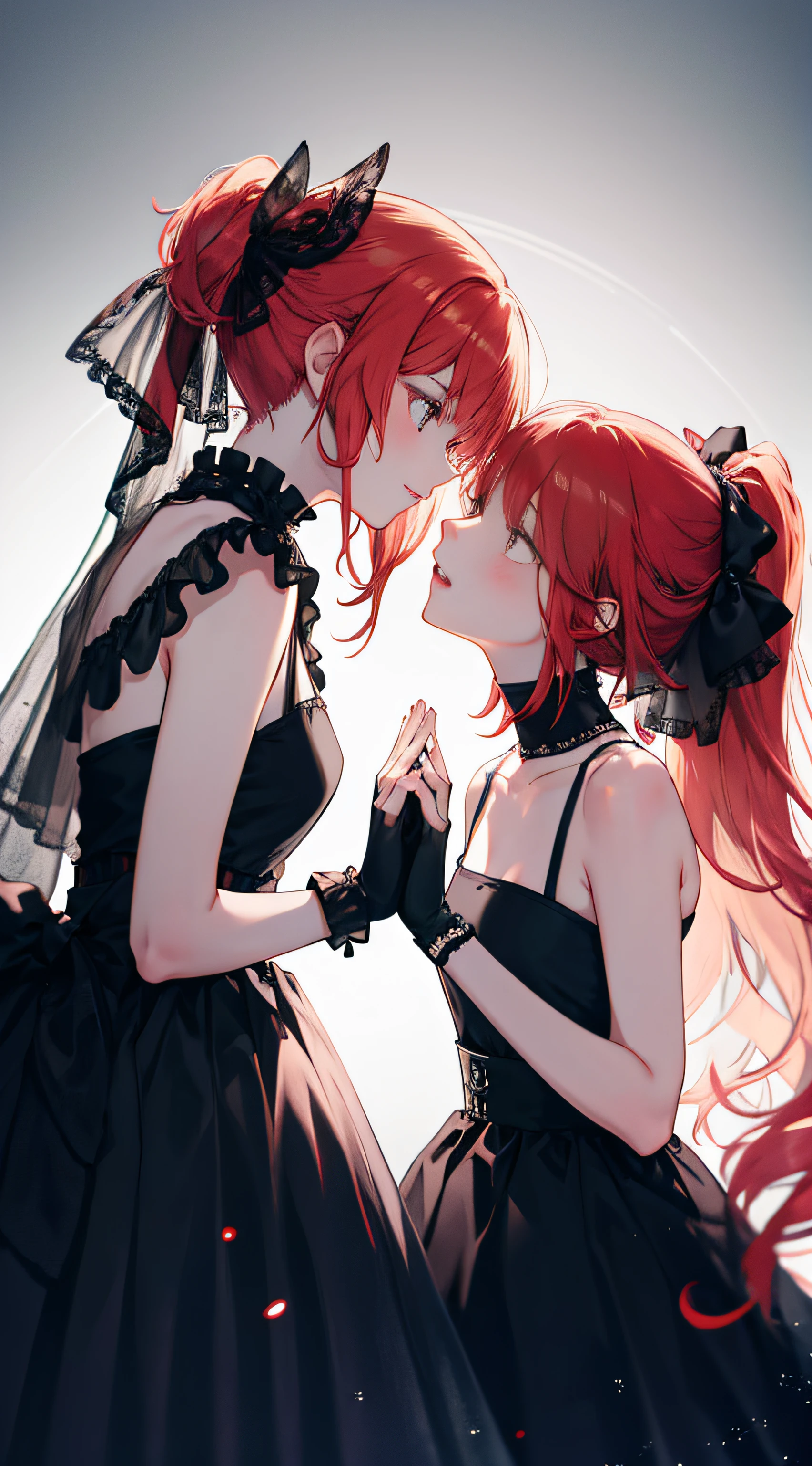 Multiple girls, 2 girls, Yuri, fingerless gloves,
 Red hair, black veil, long dress, black skirt, high ponytail, coiled hair, hands folded