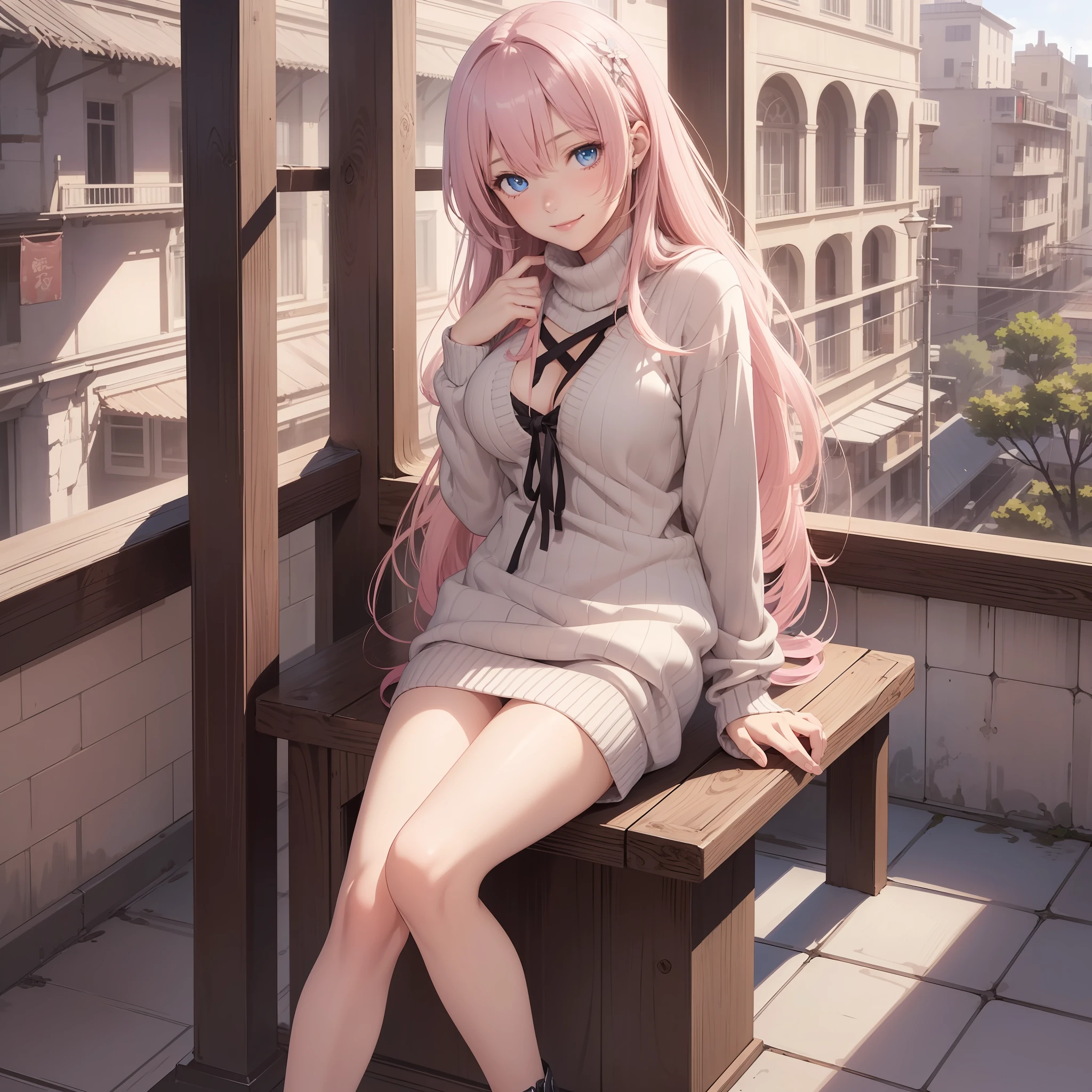(1 girl), (Solo:2.0), photorealistic, ultra detailed illustration, beautiful charming anime girl, super detail, smile, beautiful blue eyes, beautiful proportions, megurine luka, (pink long hair), gentle expression, seductive anime girl, full body, beige sweater with muffled cleavage,