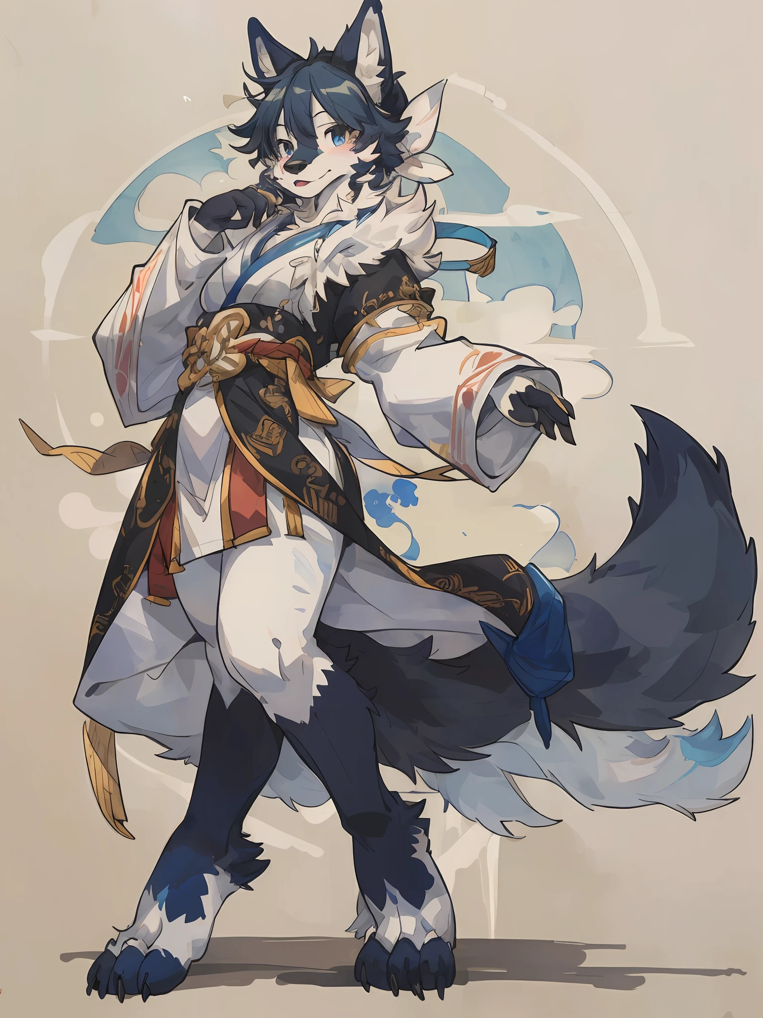 (top quality, High-quality illustrations, masterpiece) traditional Chinese ink painting, shuimobysim, badashanren:0.5, Shukezouma:0.5(highly detailed beautiful face and eyes)absurdres, perfect anatomy(1girl, kemono, solo focus)(furry)(furry anthro:1.7)(Furry body, dog facial features, dog body features)(very detailed body fur)full body, dynamic pose,