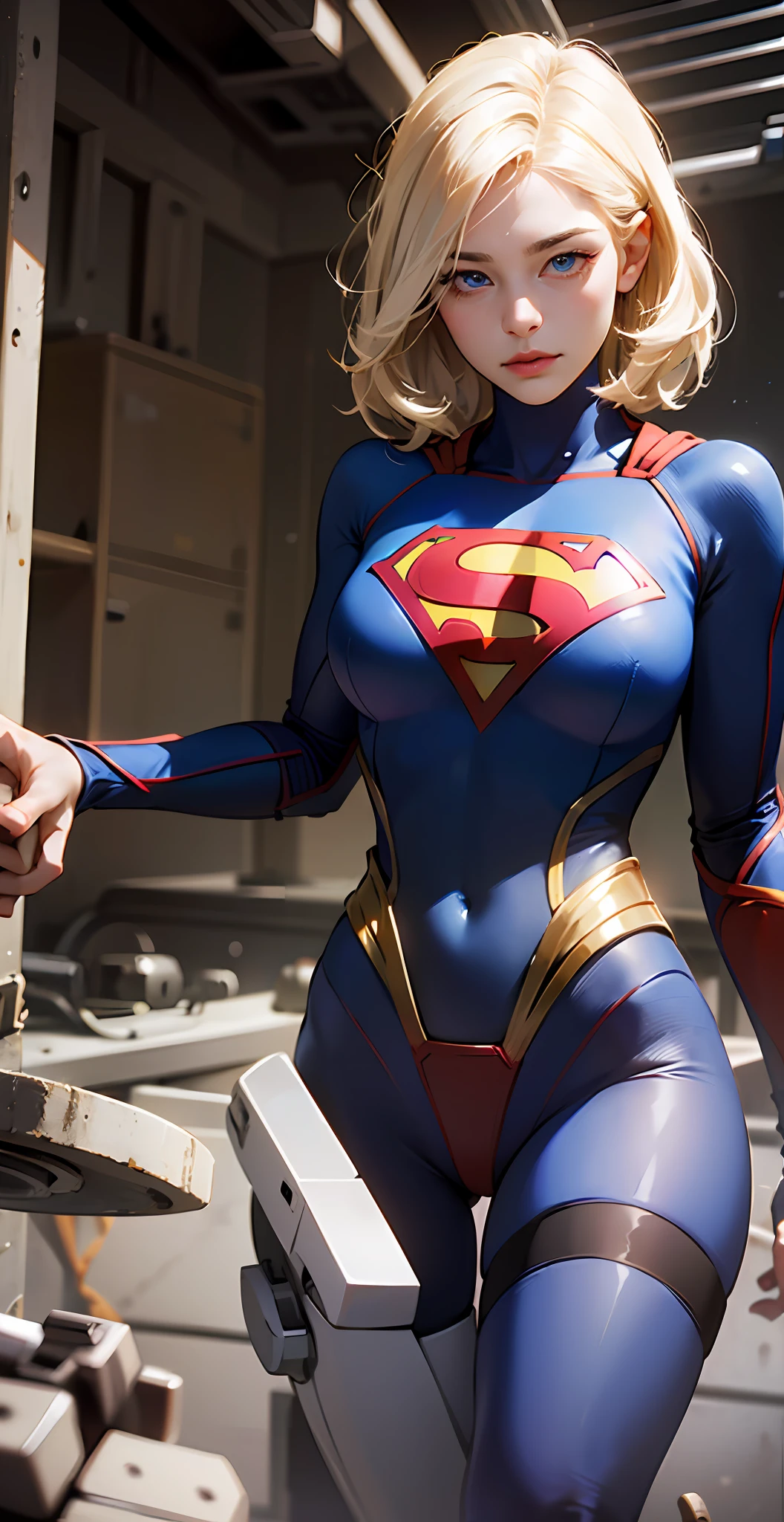 (8k, Supergirl masterpiece best quality), ultra detail, beautiful thin blue eyes with beautiful details, detailed exquisite face, high quality, high resolution, beautiful hairstyle, realistic eyes, beautiful detailed blue eyes, long haired blonde (realistic skin), facing the audience, robot girl wearing sexy costume with superman letter S, huge breasts, white transparent pantyhose,  Mecha, ruins, unique, empty eyes, expressionless, short white hair, mechanical prosthetics, mechanical legs, knee stilettos, standing, sexy, unreal 5, Full-shot Angle, sexy. --auto --s2