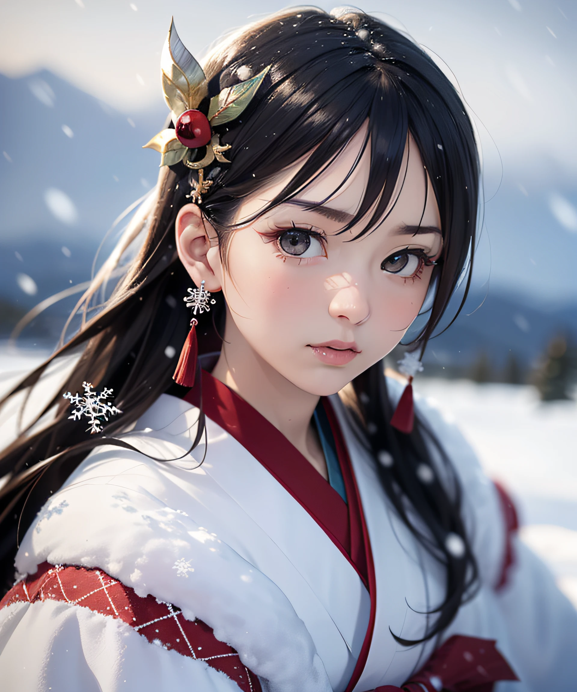 Masterpiece, realistic, highest quality, ((Beautiful and sensual Snow Senmaiden)))), ((((Beautiful Snow Senjo in old tales)))), (Japan white kimono and white obi with long red sleeves fluttering only the obi hanging, and looking at the viewer with narrowed eyes while showing anger in love)), (Black hair has a hair ornament with snowflakes so long that it almost sticks to the ground and a snowman-shaped hair ornament), 20 years old, ( Snowy mountains in a blizzard that is so blown that the figure is blurred by snow))), face downward and upward, ((((without headgear)))), photorealistic, blurring the background, full body