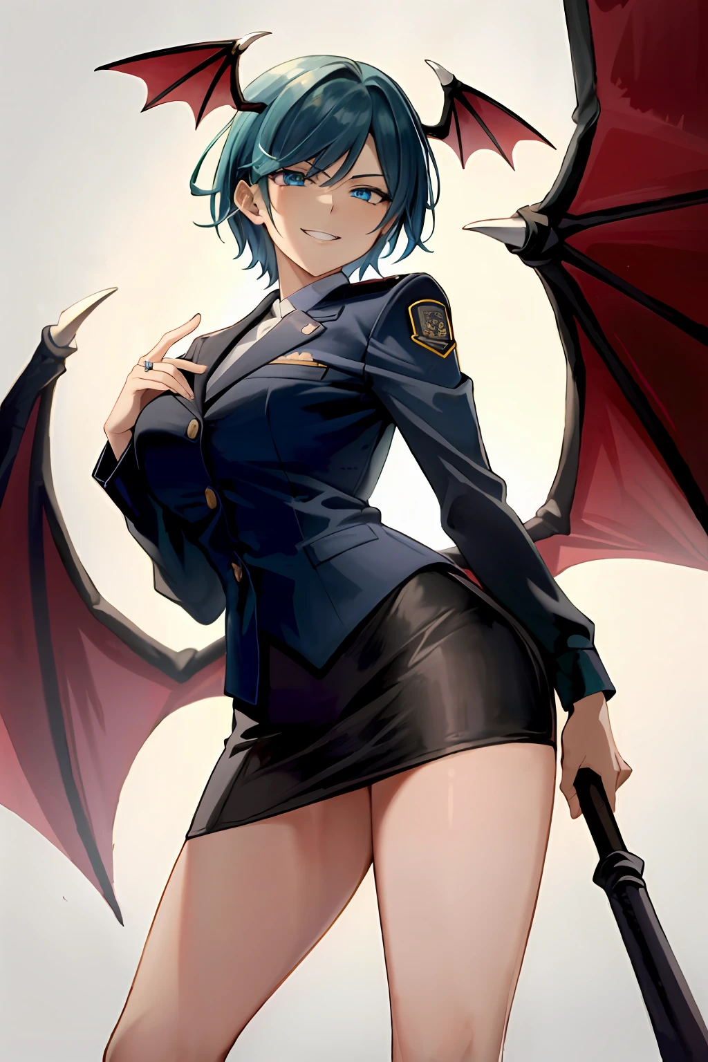 masterpiece, best quality, high resolution, solo, standing, adult woman, light blue clothes, police uniform, black hair, bat wings, short hair, blue eyes, evil smile, evil smile, mini skirt, police uniform