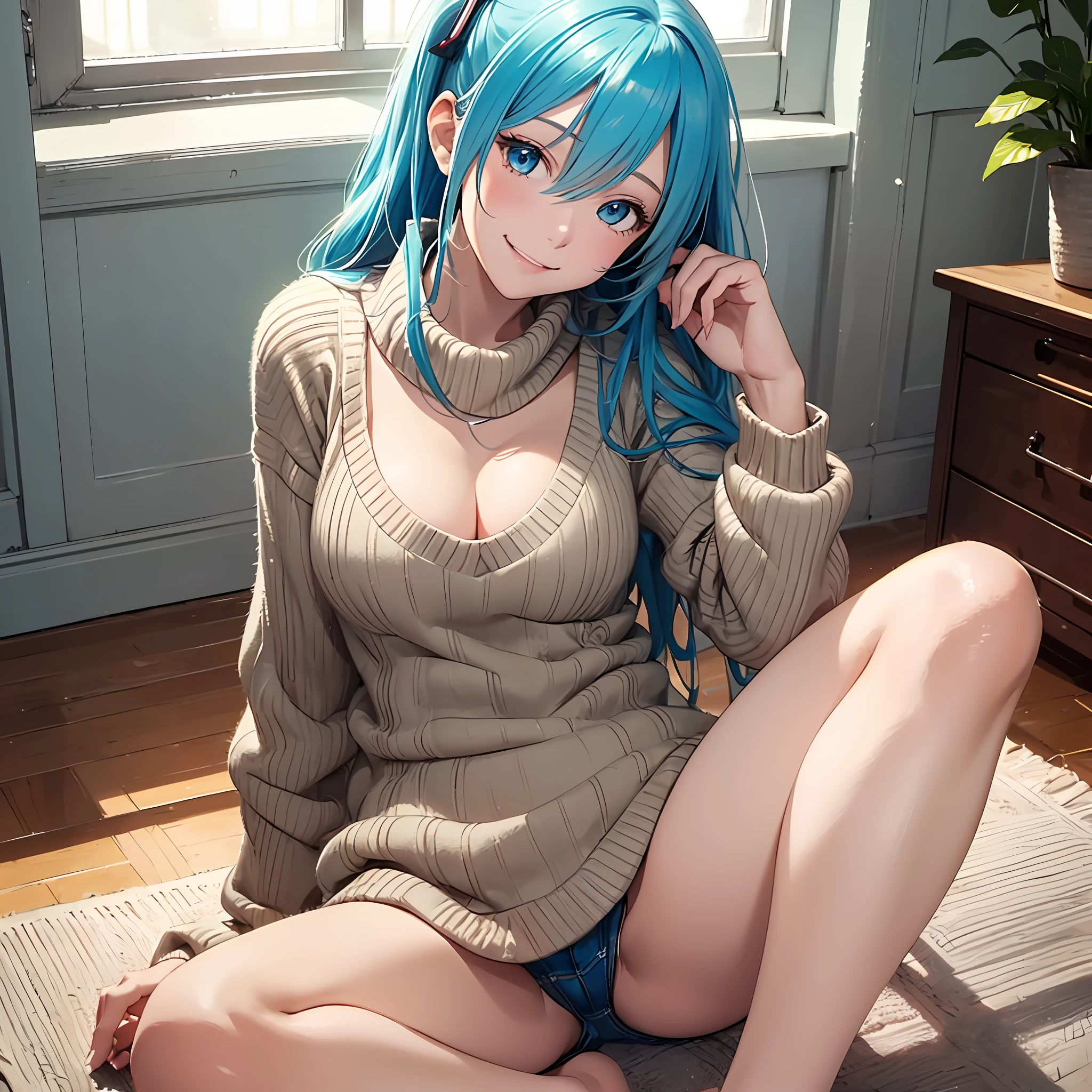 (1 girl), (Solo: 2.0), photorealistic, super detailed illustration, beautiful charming anime girl, super detail, smile, beautiful blue eyes, beautiful proportions, Hatsune Miku, slender, gentle expression, seductive anime girl, full body, beige sweater with muffled visible, indoors,